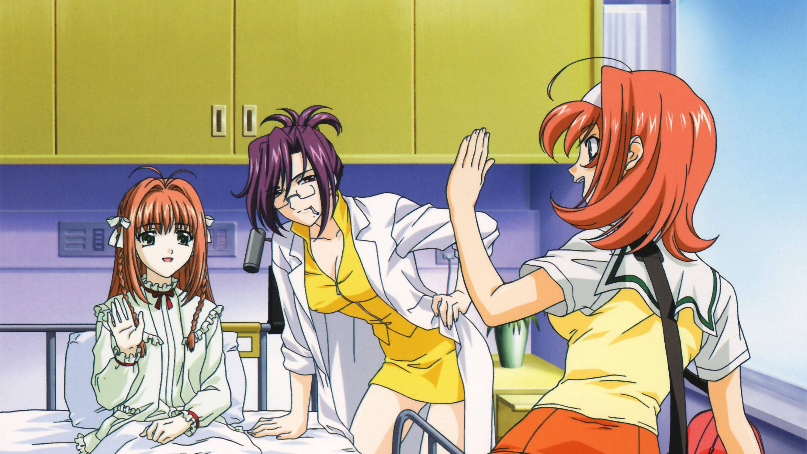 kimi ga nozomu eien 桌布 壁紙 — 三個動畫女孩在醫院房間裡，一個在床上揮手，另一個穿著實驗室外套俯身在她身上，第三個紅頭髮的女孩與她擊掌。