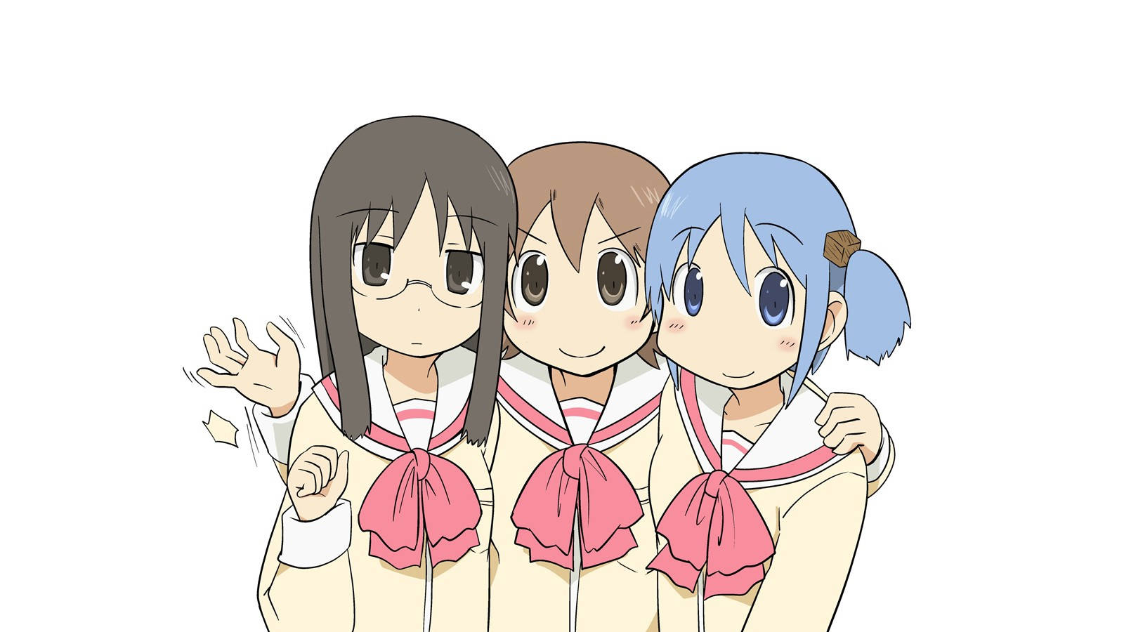 動漫女孩 桌布 壁紙 — 三個動畫女孩穿著相配的水手服，在純白色背景前愉快地揮手。