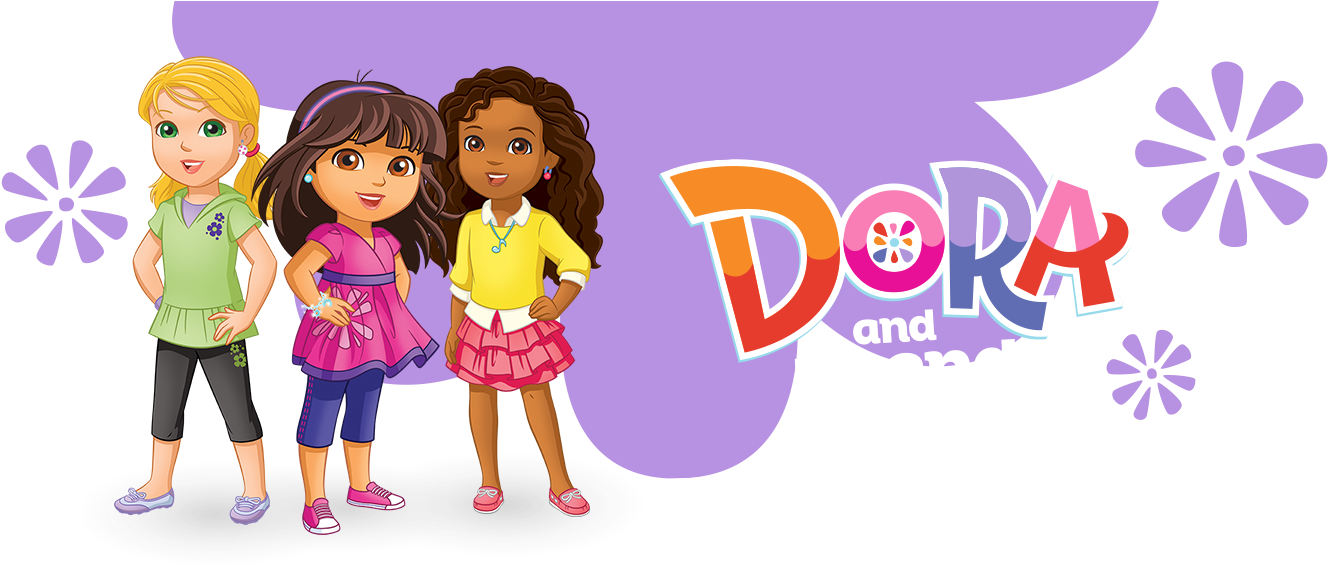 愛探險的朵拉 桌布 壁紙 — 三個動畫女孩自信地站在色彩繽紛的Dora and Friends標誌旁邊，背景是帶有花卉裝飾的紫色背景。
