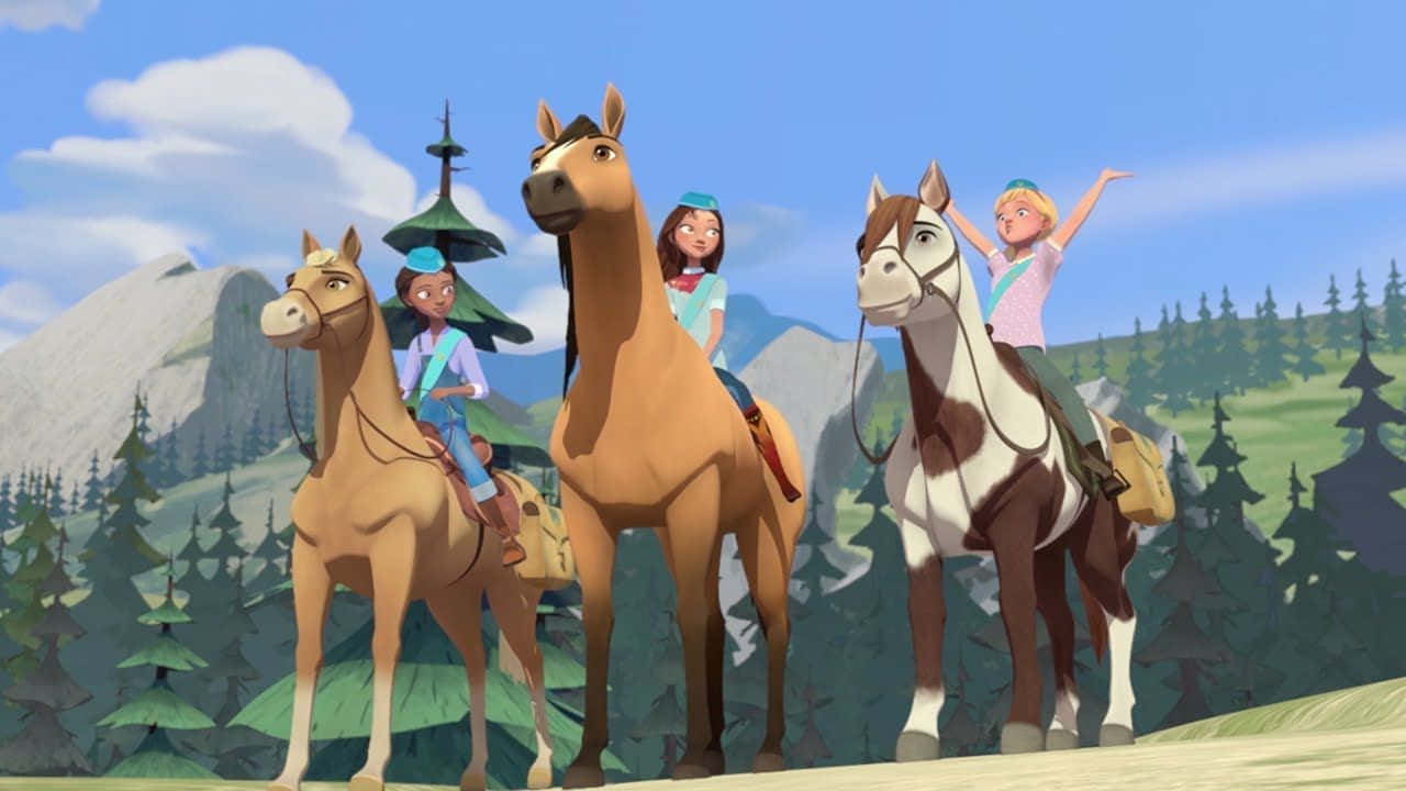 Animated 桌布 壁紙 — 三個動畫女孩騎著馬穿過陽光明媚的森林，背景有山和一座寶塔。