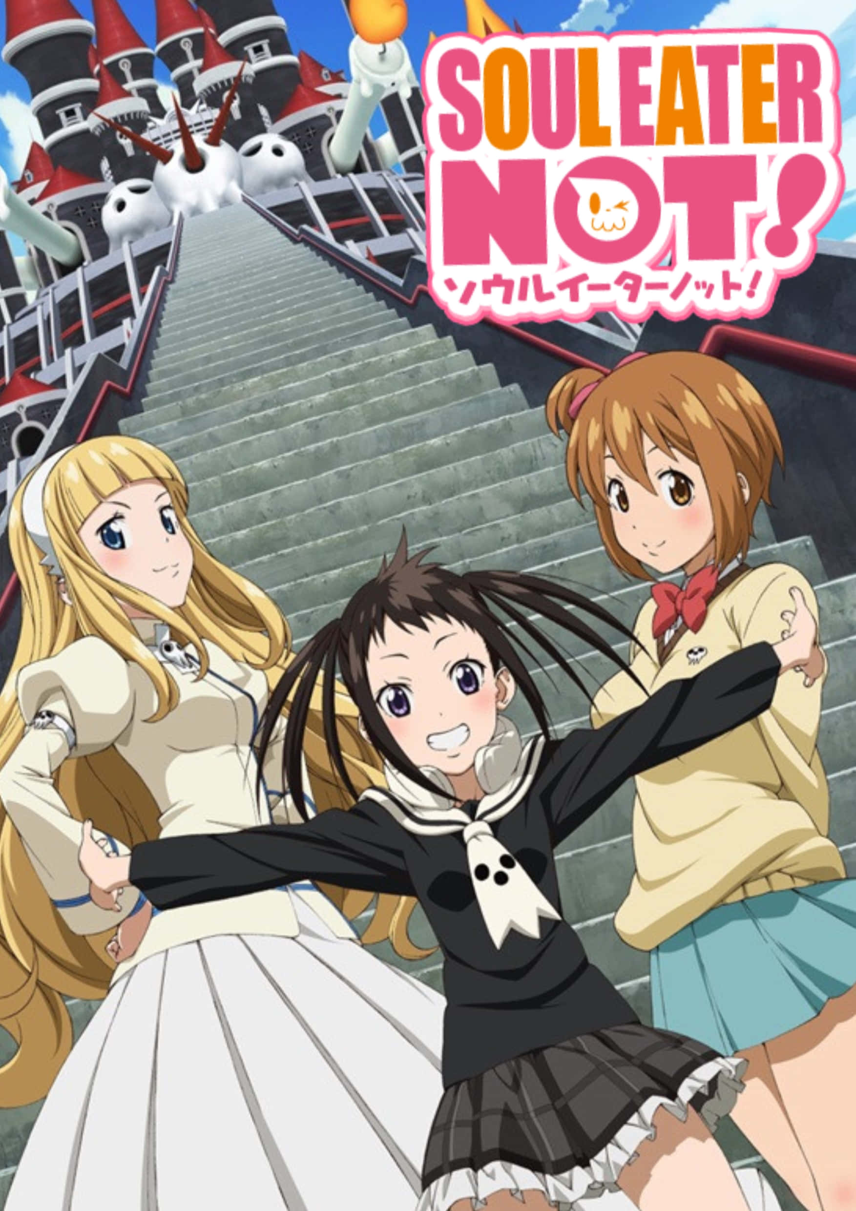 Soul Eater 桌布 壁紙 — 三個動畫女學生穿著校服，在通往城堡的大樓梯底部愉快地擺姿勢，城堡裡有鬼影和火把。