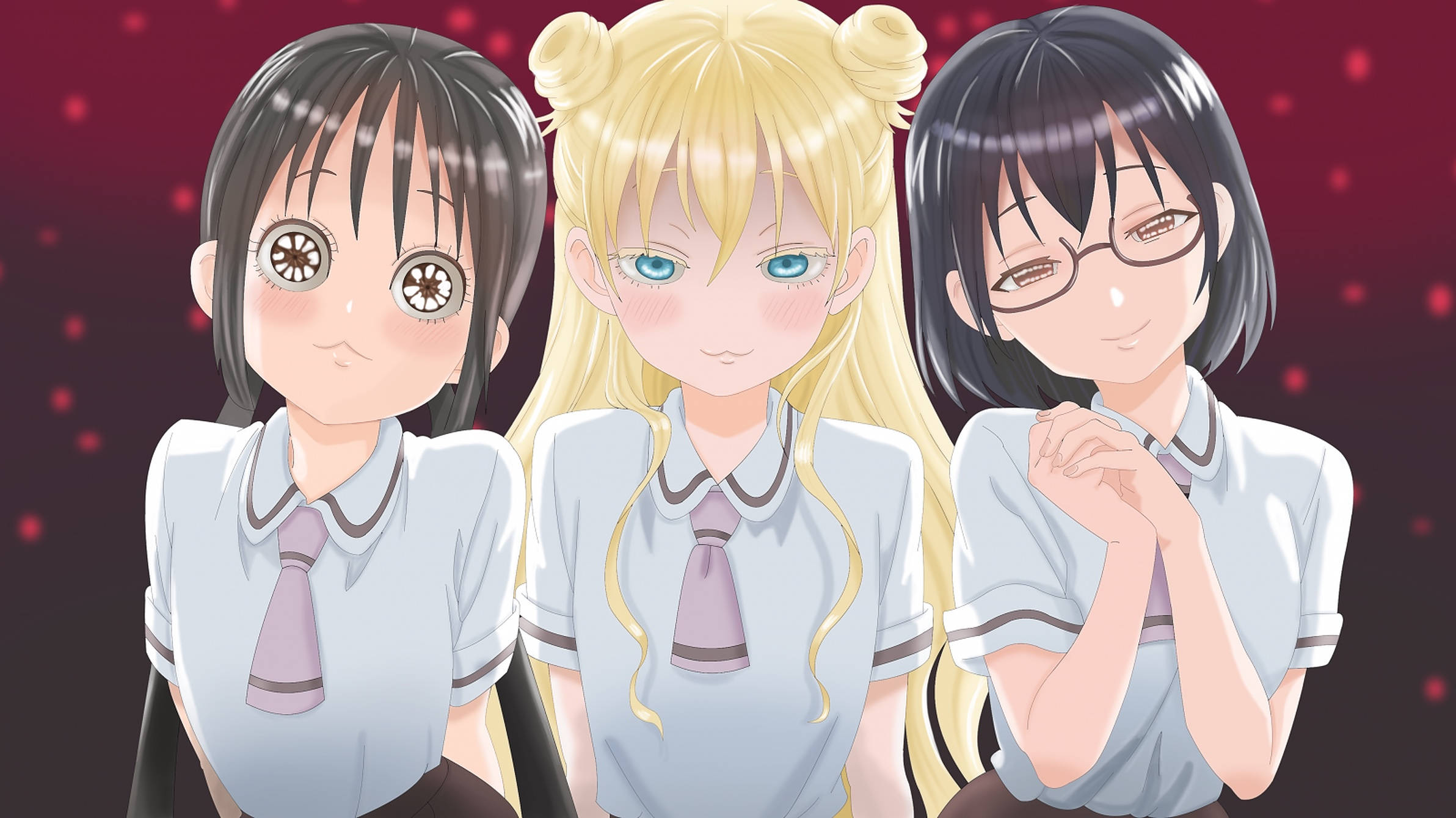 asobi asobase 桌布 壁紙 — 三個動畫女學生穿著校服，站在閃爍的紅色背景前，各有不同的表情和髮型。