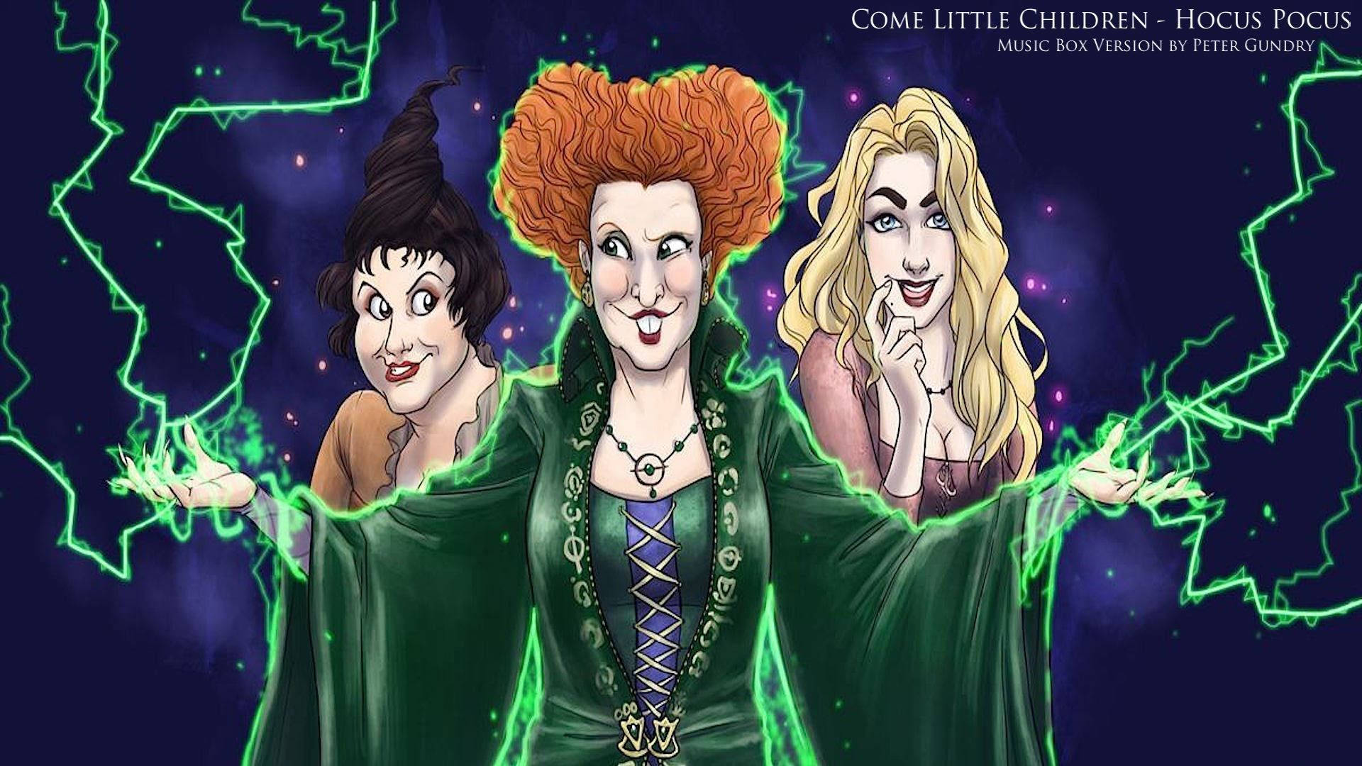 Hocus Pocus 桌布 壁紙 — 三個動畫女巫，擁有發光的綠色魔法之手，站在黑暗的星空下，伴隨著劈啪作響的能量。