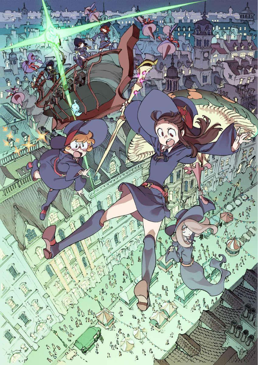 動漫女孩 桌布 壁紙 — 三個動畫女巫飛越發光的城市景觀，揮舞著魔法武器和發光的咒語。