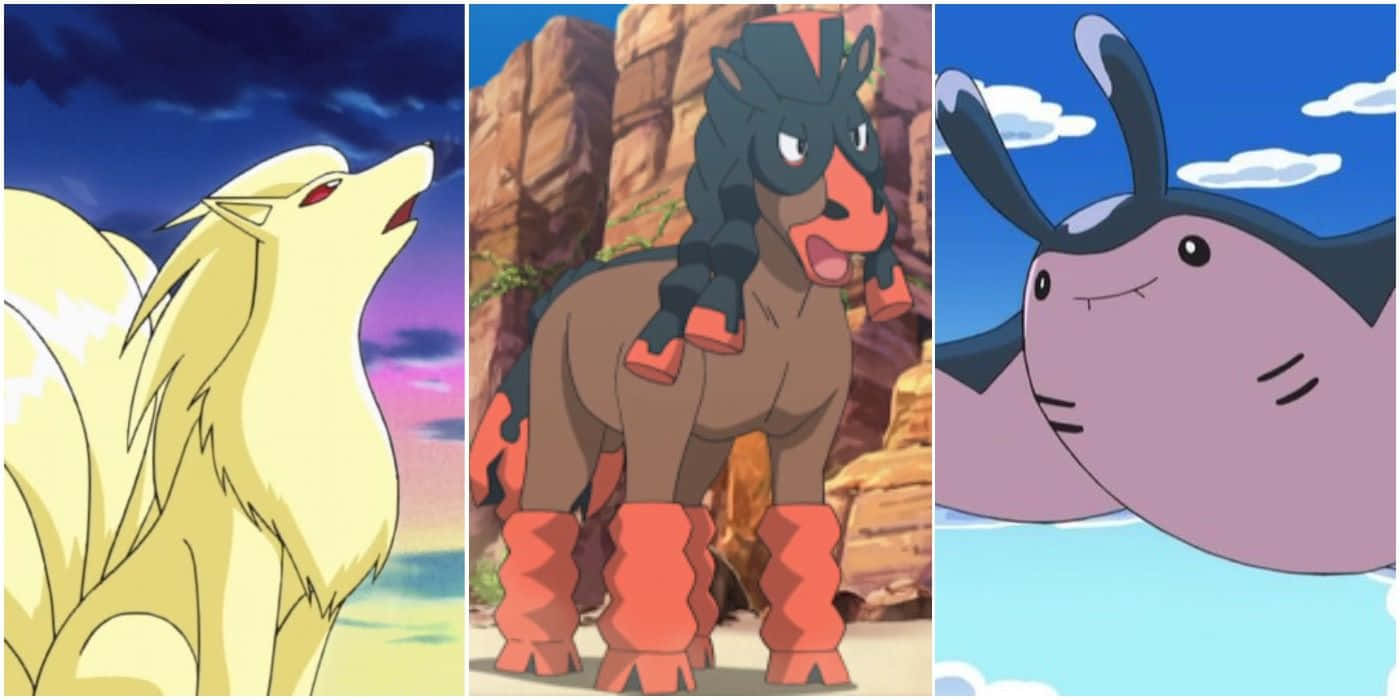 Mudsdale 桌布 壁紙 — 三個動畫寶可夢角色以充滿活力、風格化的動畫形式描繪在色彩繽紛的背景上。