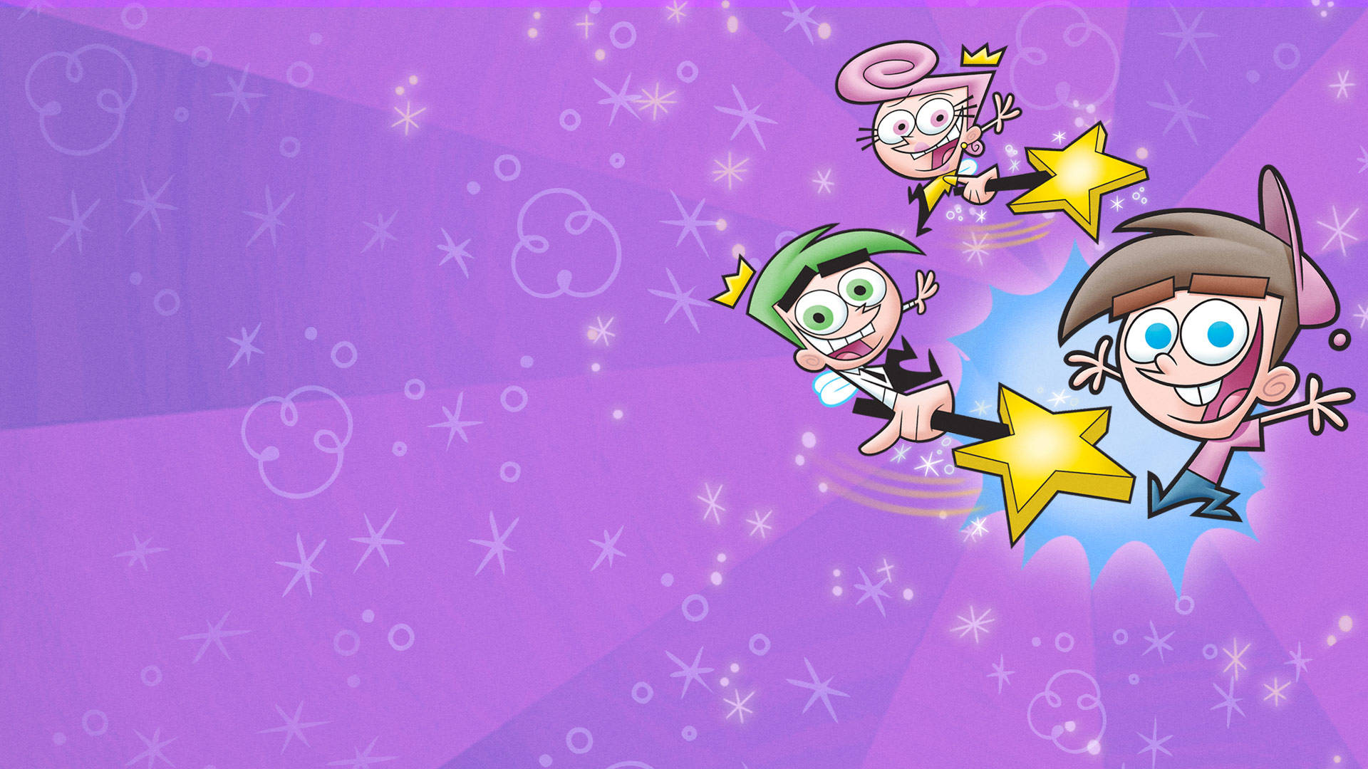 The Fairly Oddparents 桌布 壁紙 — 三個動畫小仙子快樂地飛過閃爍的紫色天空，手持發光的星星。