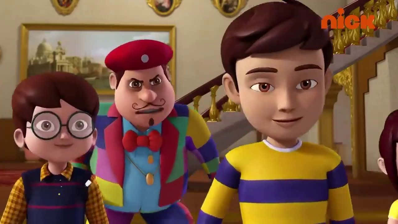 nickelodeon 桌布 壁紙 — 三個動畫小孩和一個留鬍子的男人在一個色彩繽紛的房間裡，房間裡有華麗的樓梯和裱框畫作。