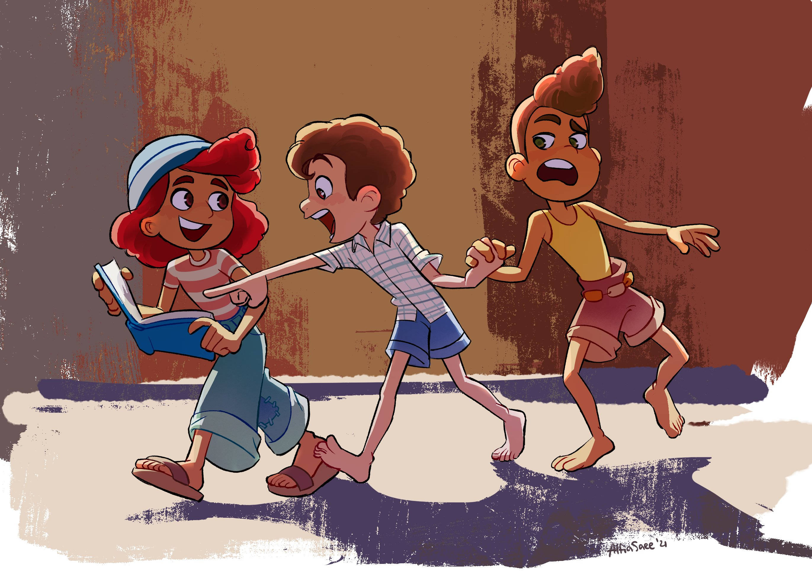 Pixar Luca 桌布 壁紙 — 三個動畫小孩在一條有紋理的小巷中快樂地奔跑，其中一個拿著一本書，興奮地指著。