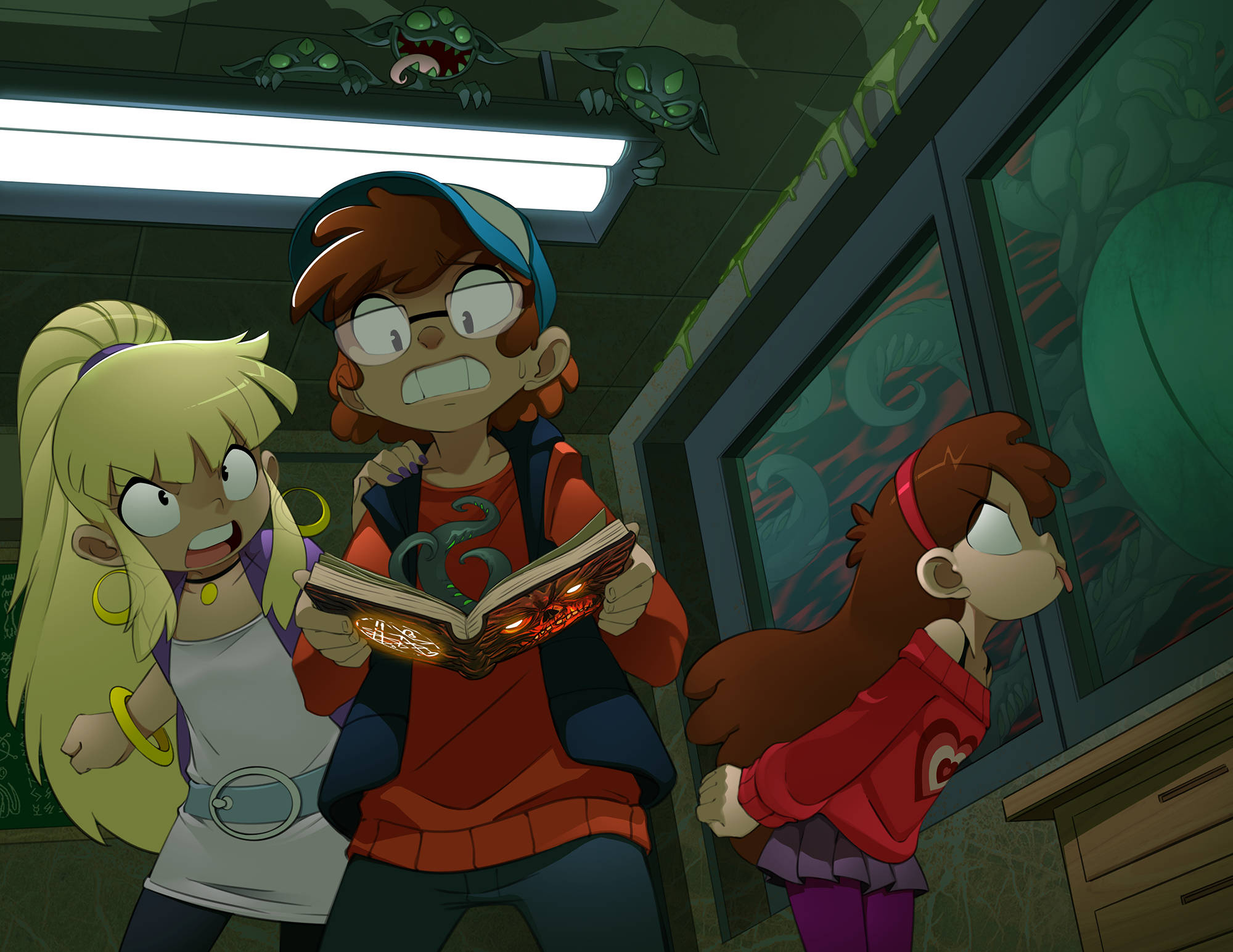 Mabel 桌布 壁紙 — 三個動畫小孩在昏暗的房間裡，對發光的書和綠色怪物出現感到震驚。