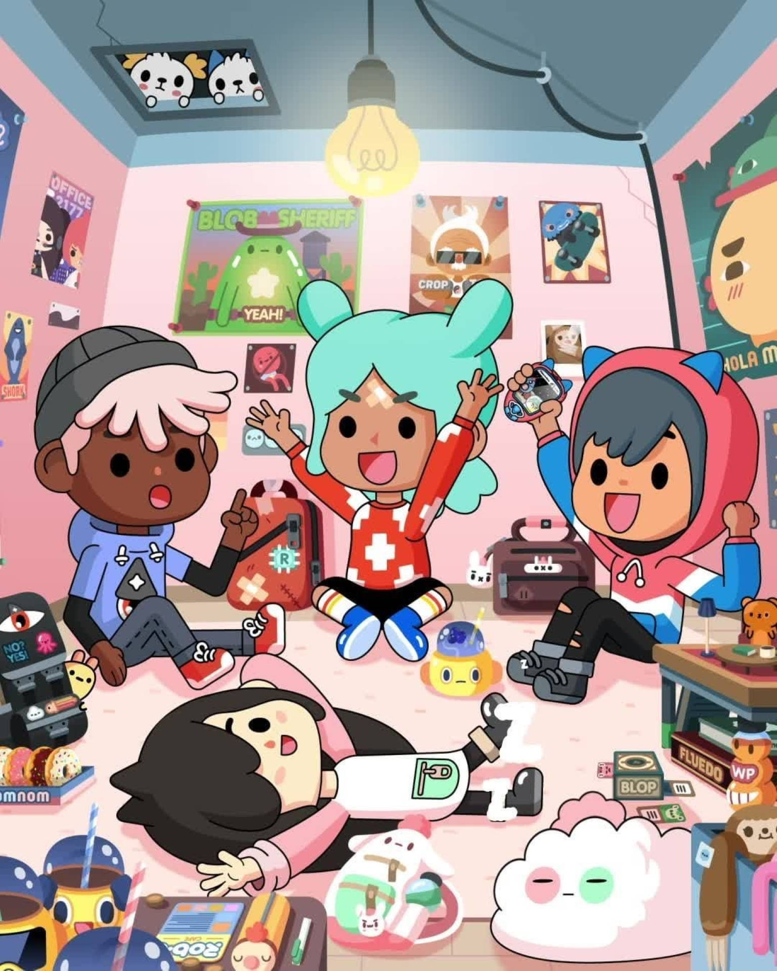 Toca 桌布 壁紙 — 三個動畫小孩在粉紅色房間裡用玩具、海報和頭頂上發光的燈泡慶祝。