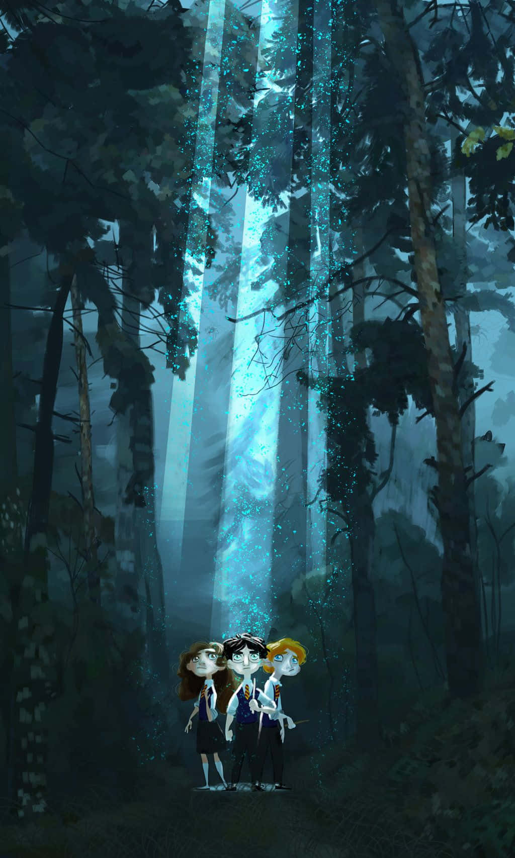 The Forbidden Forest 桌布 壁紙 — 三個動畫小孩敬畏地仰望一道神秘藍光穿過茂密陰暗的森林傾瀉而下。