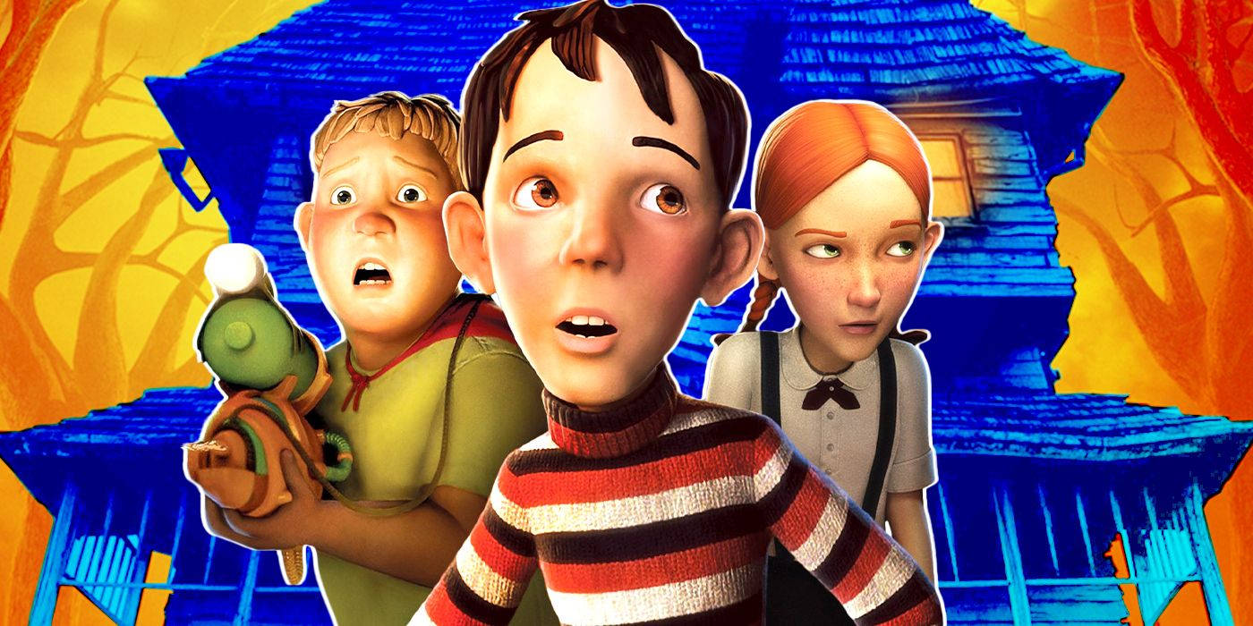 Monster House 桌布 壁紙 — 三個動畫小孩瞪大眼睛，震驚地盯著發光的藍色鬼屋，背景是火紅的橙色樹木。