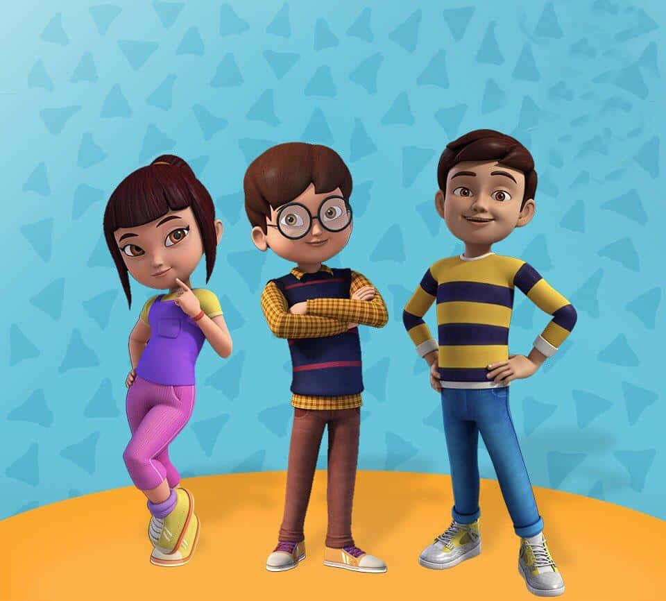 nickelodeon 桌布 壁紙 — 三個動畫小孩穿著色彩繽紛的服裝，在藍色三角形圖案背景前自信地擺姿勢。