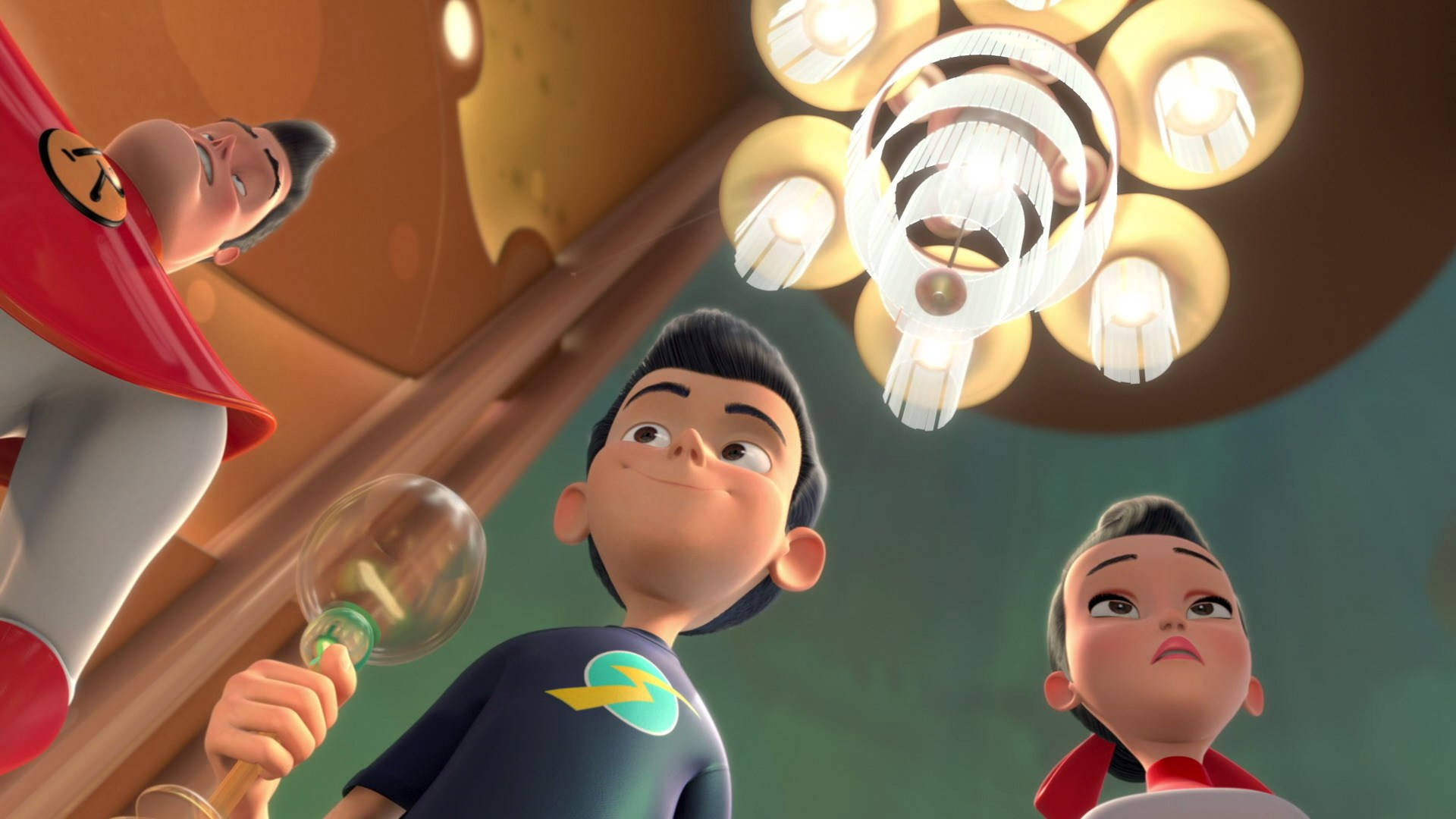 meet the robinsons 桌布 壁紙 — 三個動畫小孩穿著超級英雄服裝，在溫暖明亮的房間裡抬頭看著發光的吊燈。