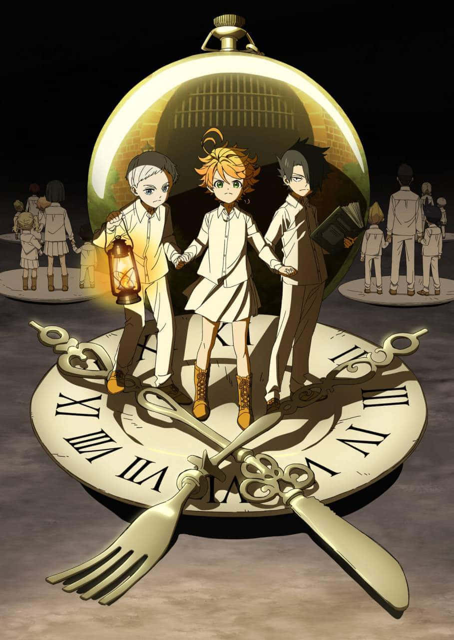 The Promised Neverland 桌布 壁紙 — 三個動畫小孩站在一個巨大的時鐘面上，手牽手，拿著燈籠和書，在一個發光的懷錶穹頂下。