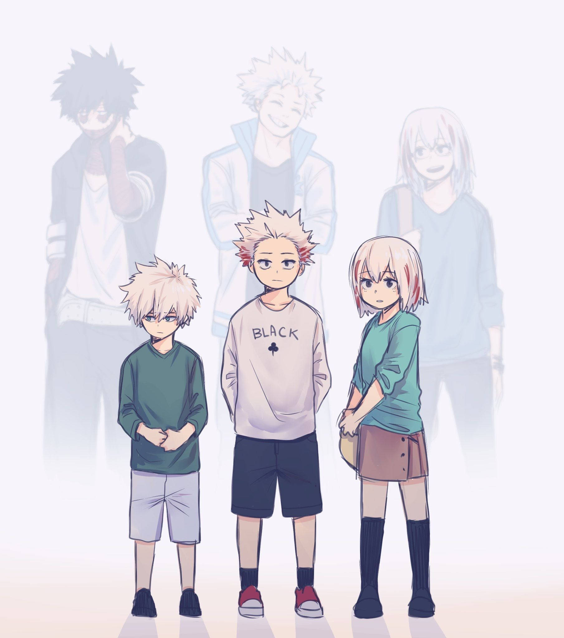 todoroki family 桌布 壁紙 — 三個動畫小孩站在半透明幽靈般的年長自己形象前，背景為柔和白色。