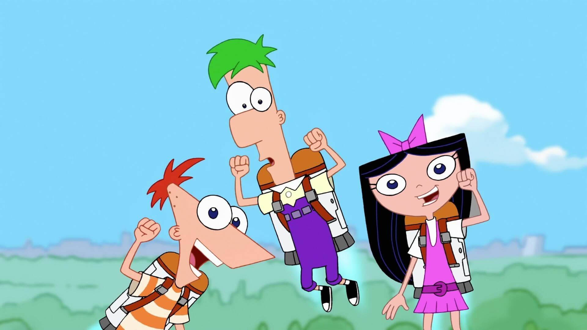 Ferb 桌布 壁紙 — 三個動畫小孩背著背包，在藍天白雲中歡快地跳躍。