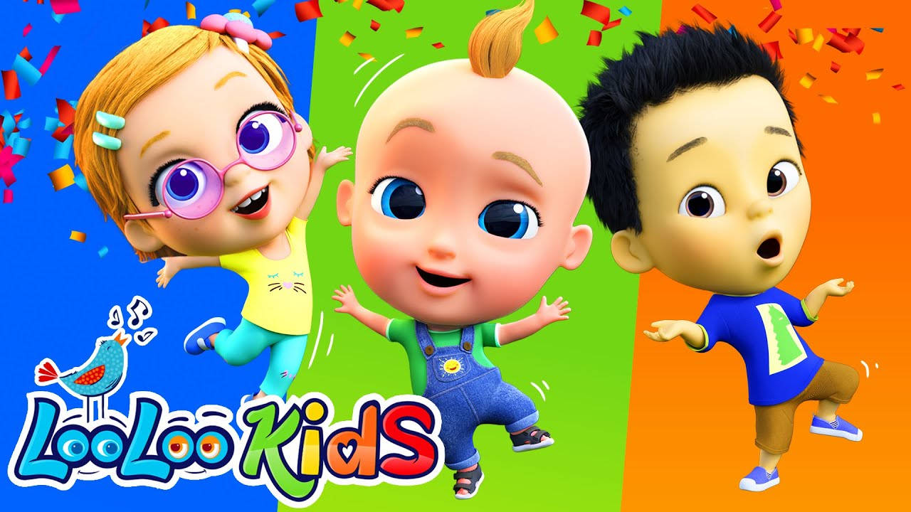 Animated 桌布 壁紙 — 三個動畫幼兒在充滿活力的彩虹背景下歡快地跳躍，灑滿了五彩紙屑。