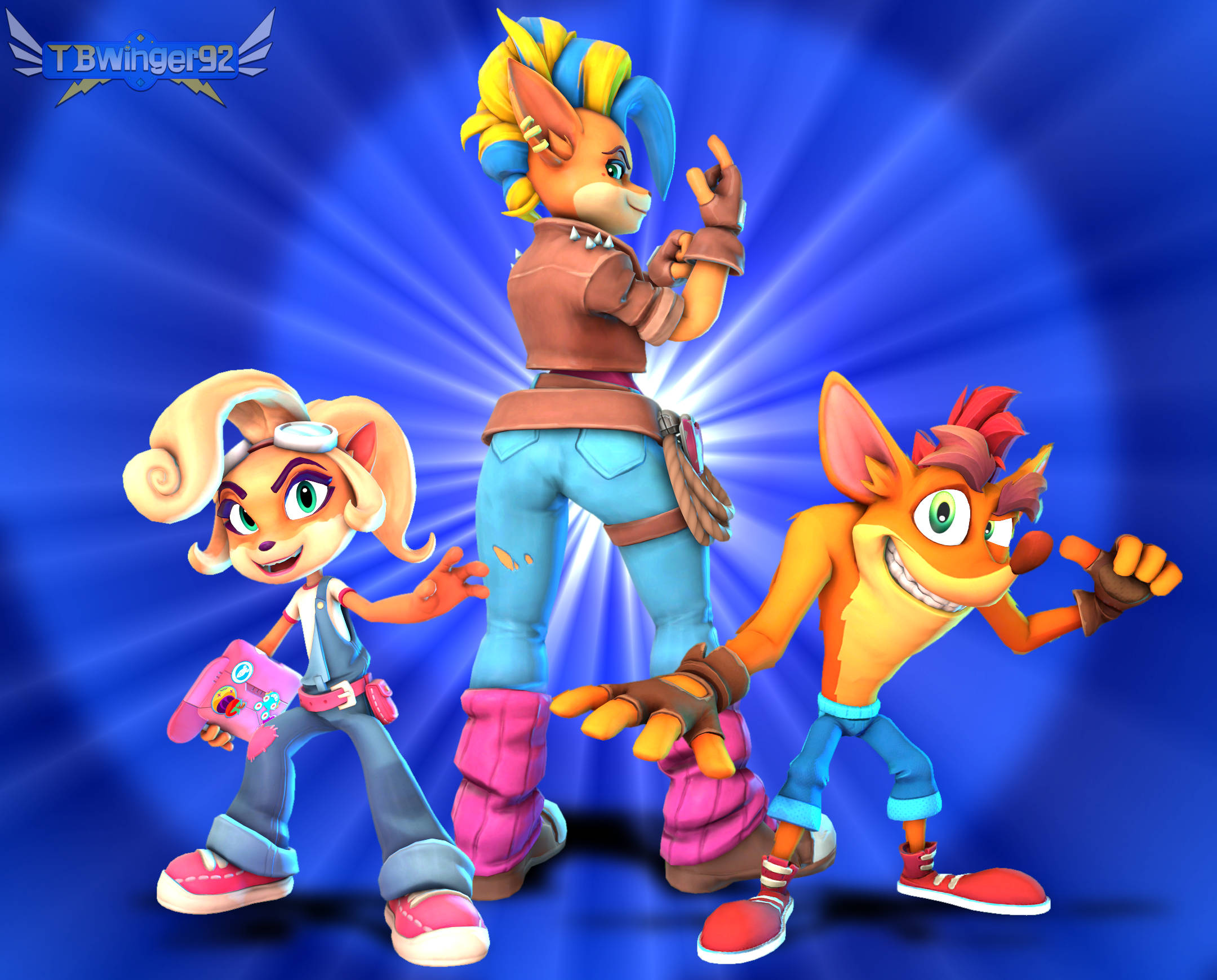 Bandicoot 桌布 壁紙 — 三個動畫擬人角色在帶有光線的耀眼藍色背景前動態擺姿勢。