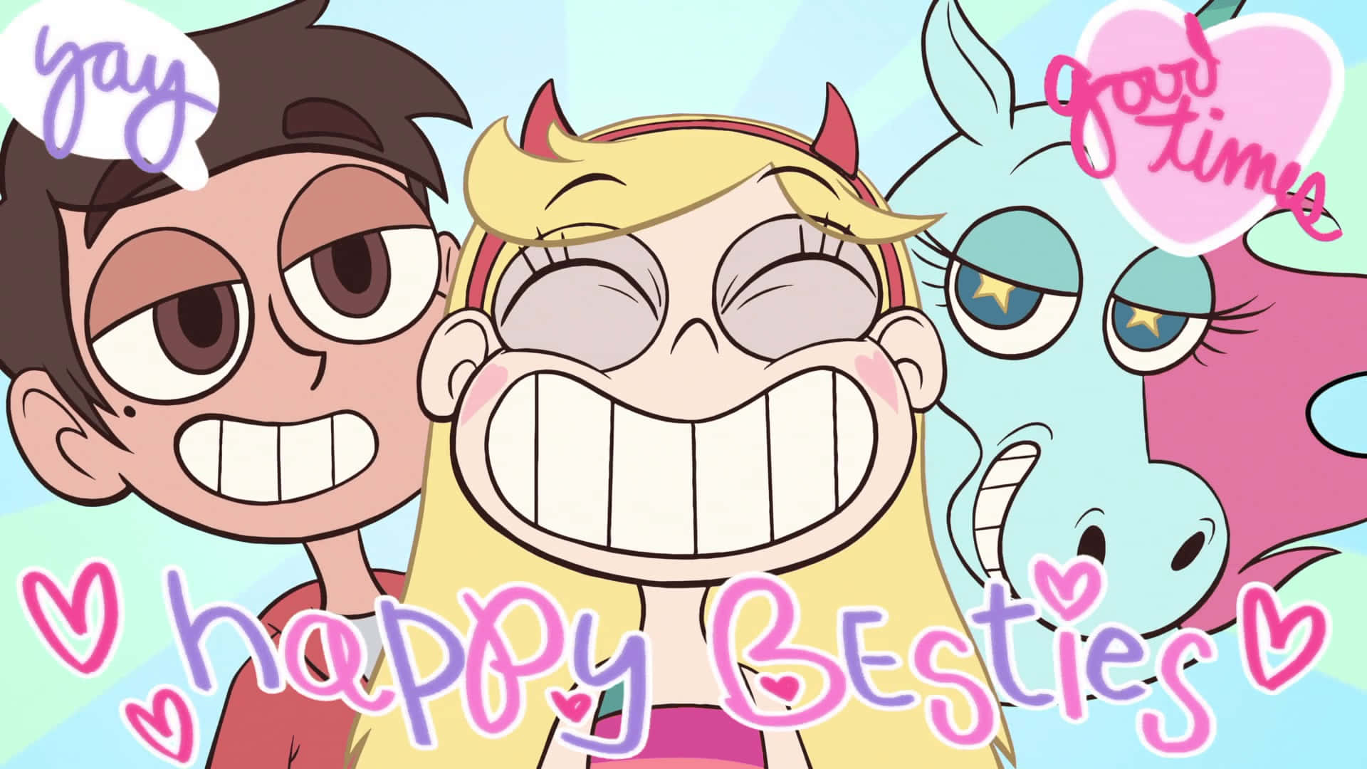 Star Vs The Forces Of Evil 桌布 壁紙 — 三個動畫朋友開心咧嘴笑，帶有心形和文字氣泡，在柔和漸變背景上慶祝快樂的好朋友。