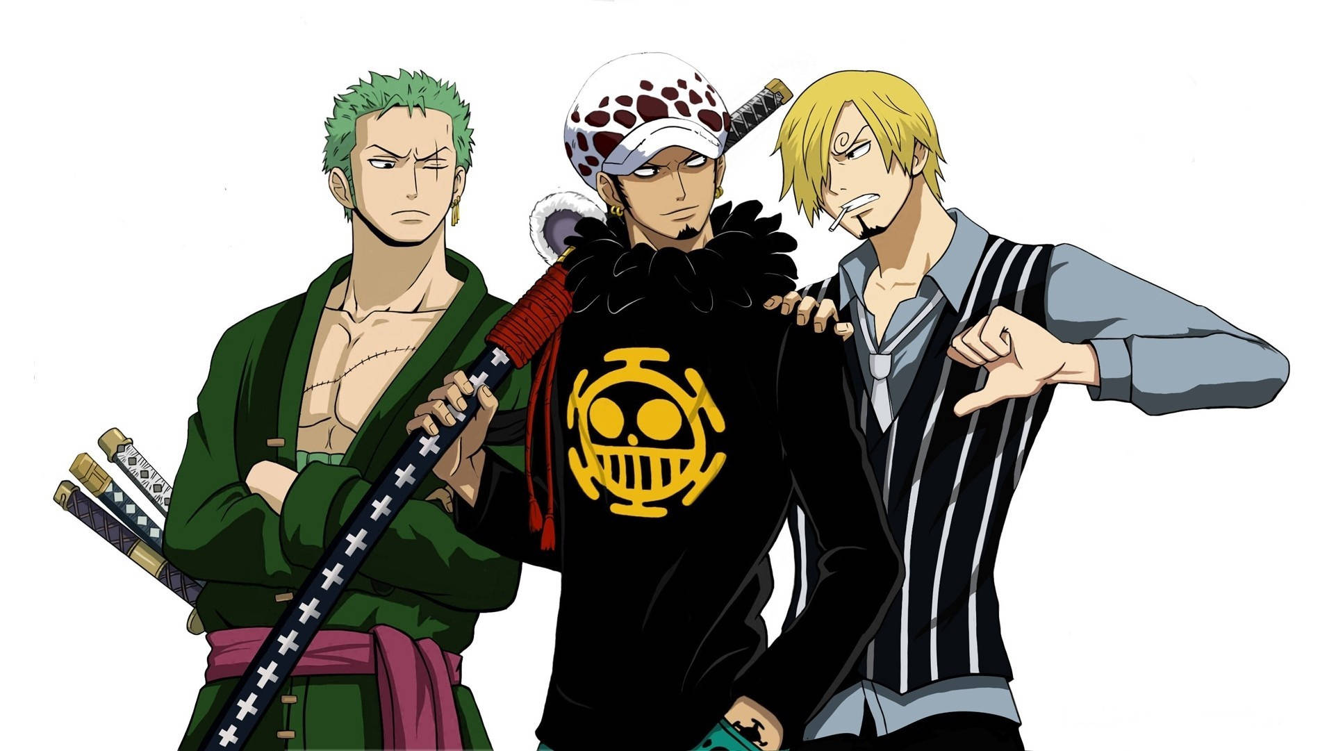 Sanji 桌布 壁紙 — 三個動畫海盜自信地站在白色背景前，手持劍和骷髏標誌。