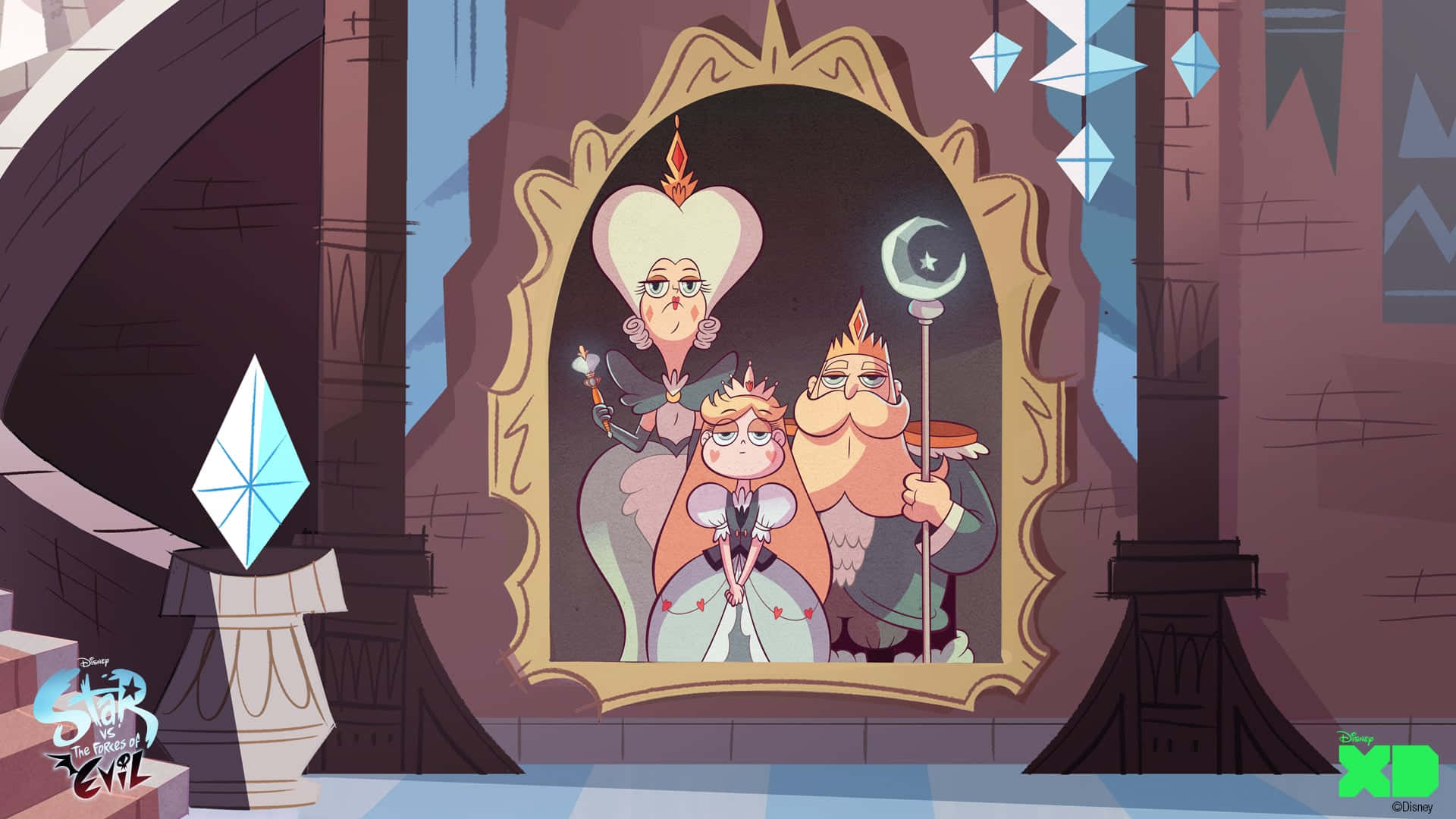 Star Vs The Forces Of Evil 桌布 壁紙 — 三個動畫王室角色站在一個由石柱和發光藍色水晶框住的華麗大鏡子中。