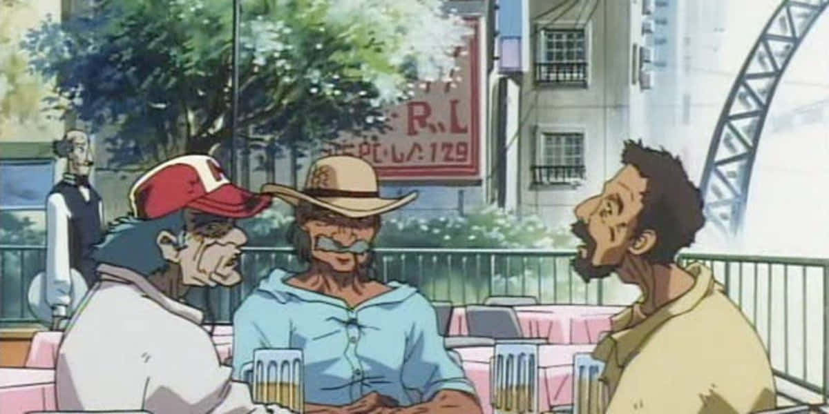 Cowboy Bebop Antonio 桌布 壁紙 — 三個動畫男子在明亮的日光下，在戶外咖啡桌旁交談，背景有摩天輪。