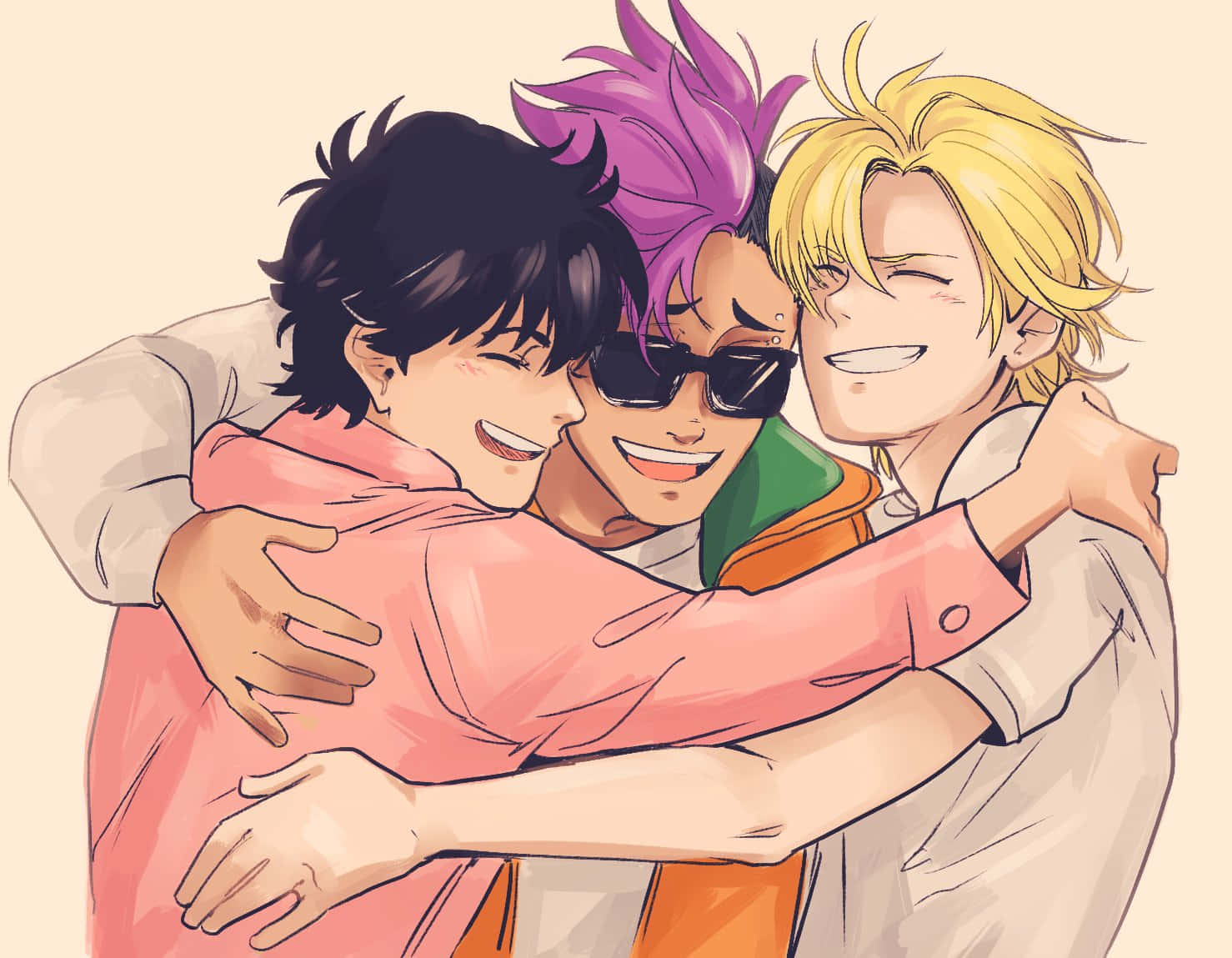 Banana Fish 桌布 壁紙 — 三個動畫男孩，頭髮尖尖，在柔和的米色背景前緊緊地擁抱在一起，快樂地群體擁抱。