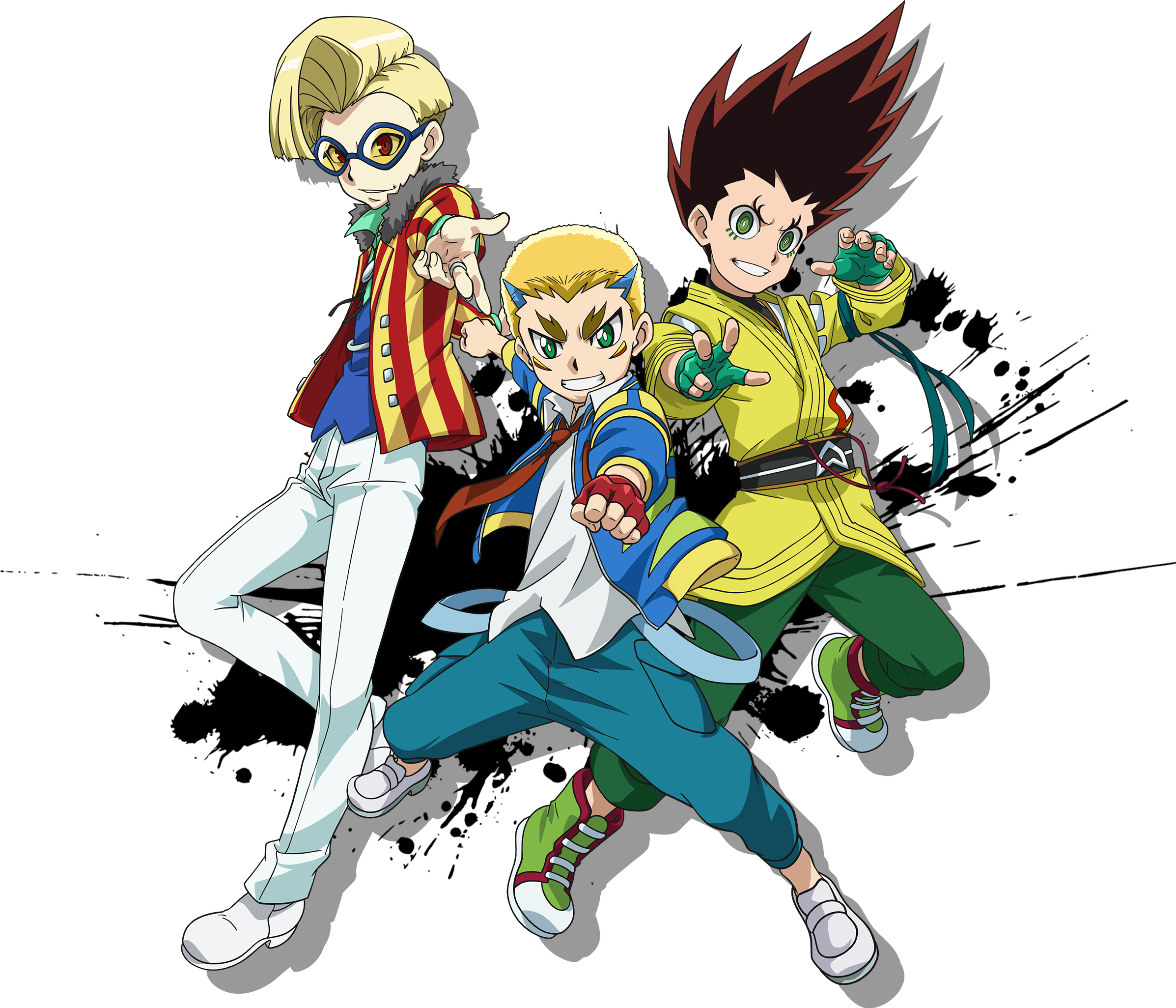 Beyblade 桌布 壁紙 — 三個動畫男孩以動態姿勢穿著色彩繽紛的服裝，背景為深色。