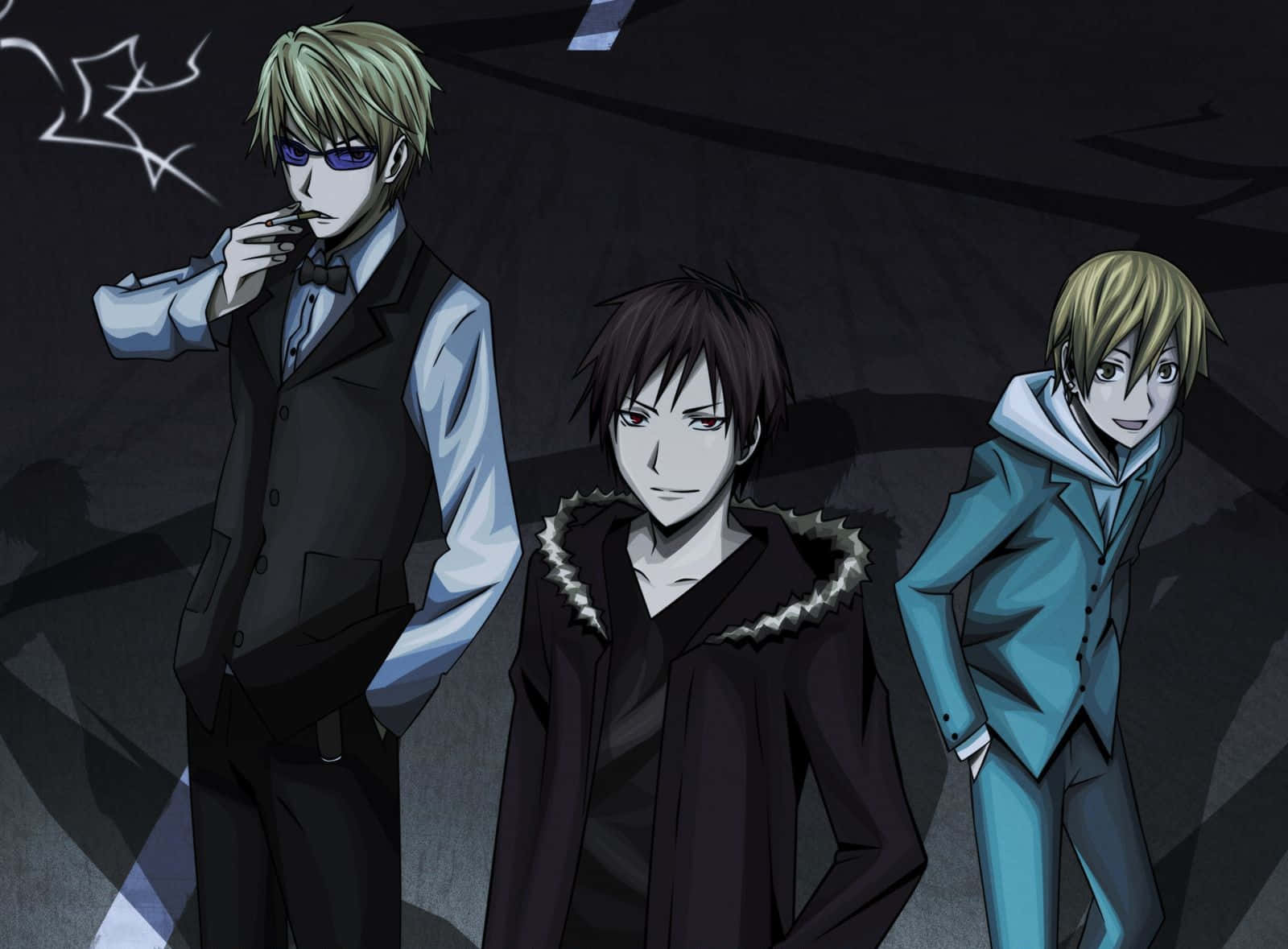 Izaya Orihara 桌布 壁紙 — 三個動畫男孩在黑暗的城市環境中，一個抽煙，另一個穿著毛領大衣，第三個穿著青綠色大衣微笑。