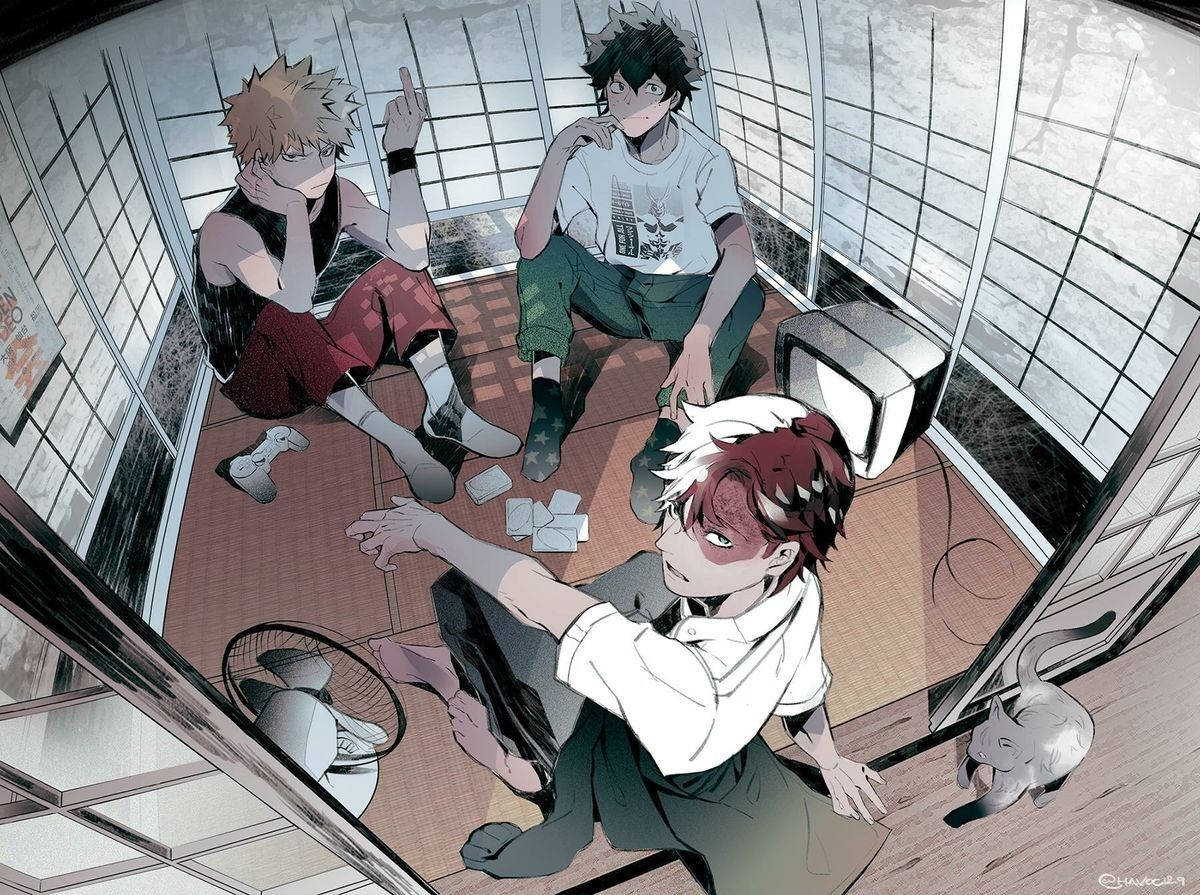 Todobakudeku 桌布 壁紙 — 三個動畫男孩坐在日本房間的榻榻米上，有一隻貓和一個壞掉的風扇，從上方觀看。