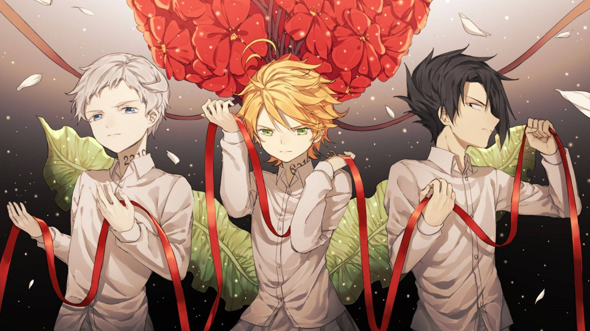 The Promised Neverland 桌布 壁紙 — 三個動畫男孩穿著淺色襯衫，在黑暗的星空背景下，手持連接到巨大紅花的紅絲帶。