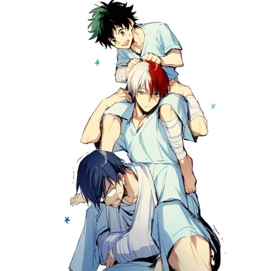 Todobakudeku 桌布 壁紙 — 三個動畫男孩穿著淺藍色服裝，頑皮地疊在一起，頂部的一個微笑，中間的一個看起來堅忍，底部的一個在笑。