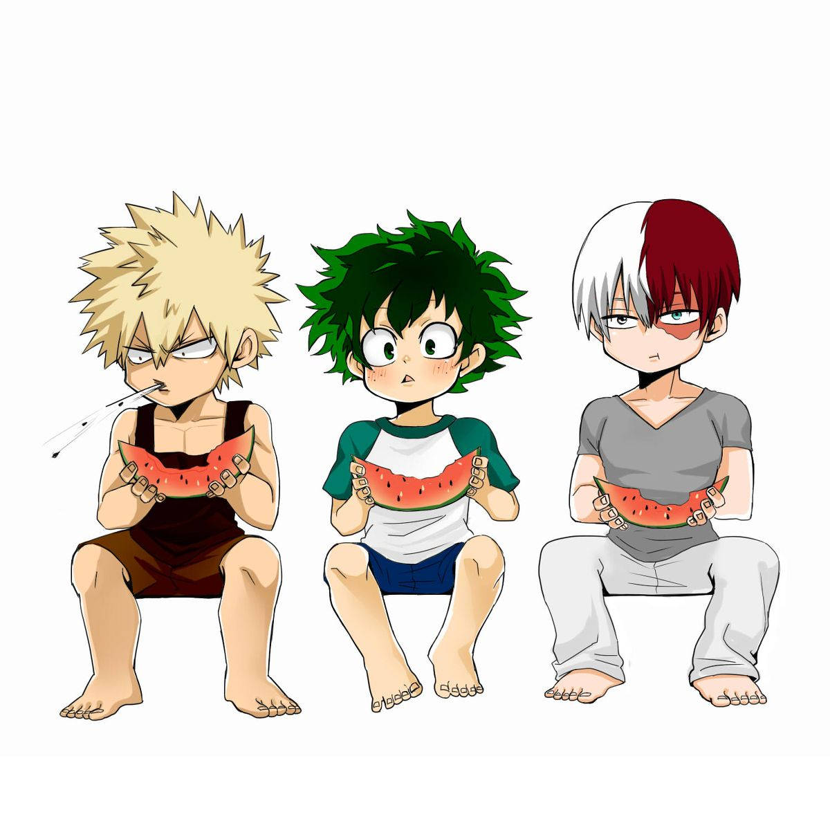 Todobakudeku 桌布 壁紙 — 三個動畫男孩赤腳坐著，手持西瓜片，表情各異，背景為純白色。