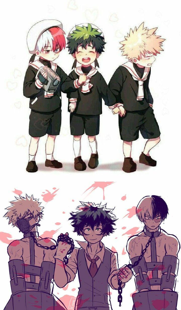 Todobakudeku 桌布 壁紙 — 三個動畫男學生穿著校服，上方愉快地手牽手，下方則被鎖鏈束縛在更黑暗的場景中。