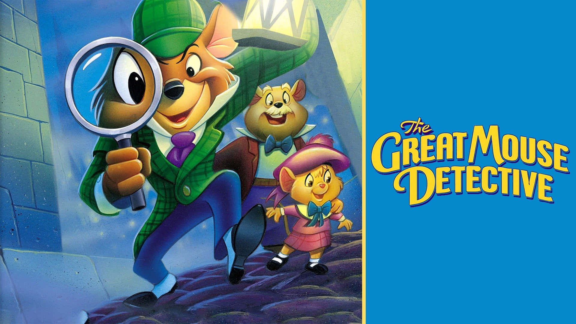 The Great Mouse Detective 桌布 壁紙 — 三個動畫老鼠角色穿著偵探服裝，在藍天下探索一條石頭小巷。