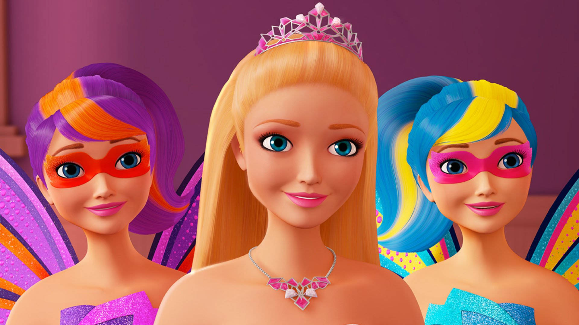 Princess 桌布 壁紙 — 三個動畫芭比角色，戴著色彩繽紛的髮膜和翅膀，在紫色背景前開心地擺姿勢。