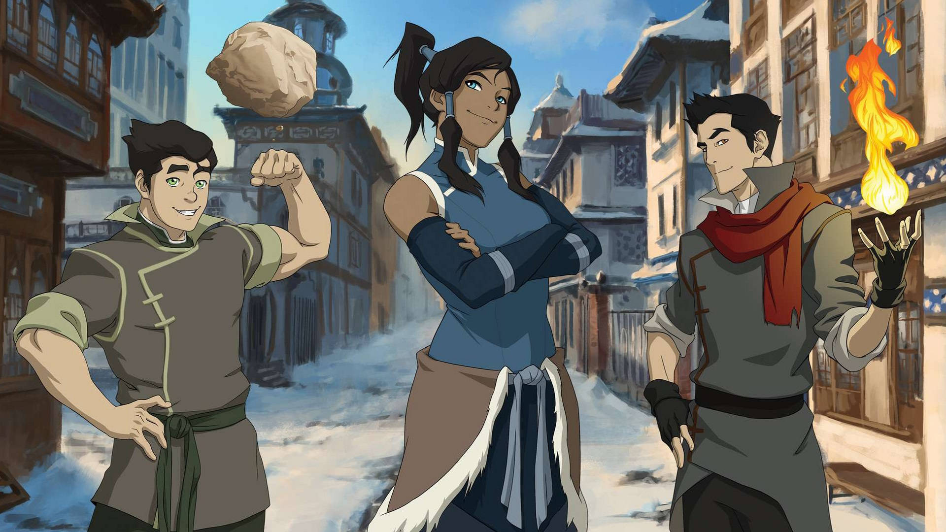 Korra 桌布 壁紙 — 三個動畫英雄自信地站在雪鎮街道上，一個操控大地，一個操控火焰，一個交叉雙臂擺好姿勢。