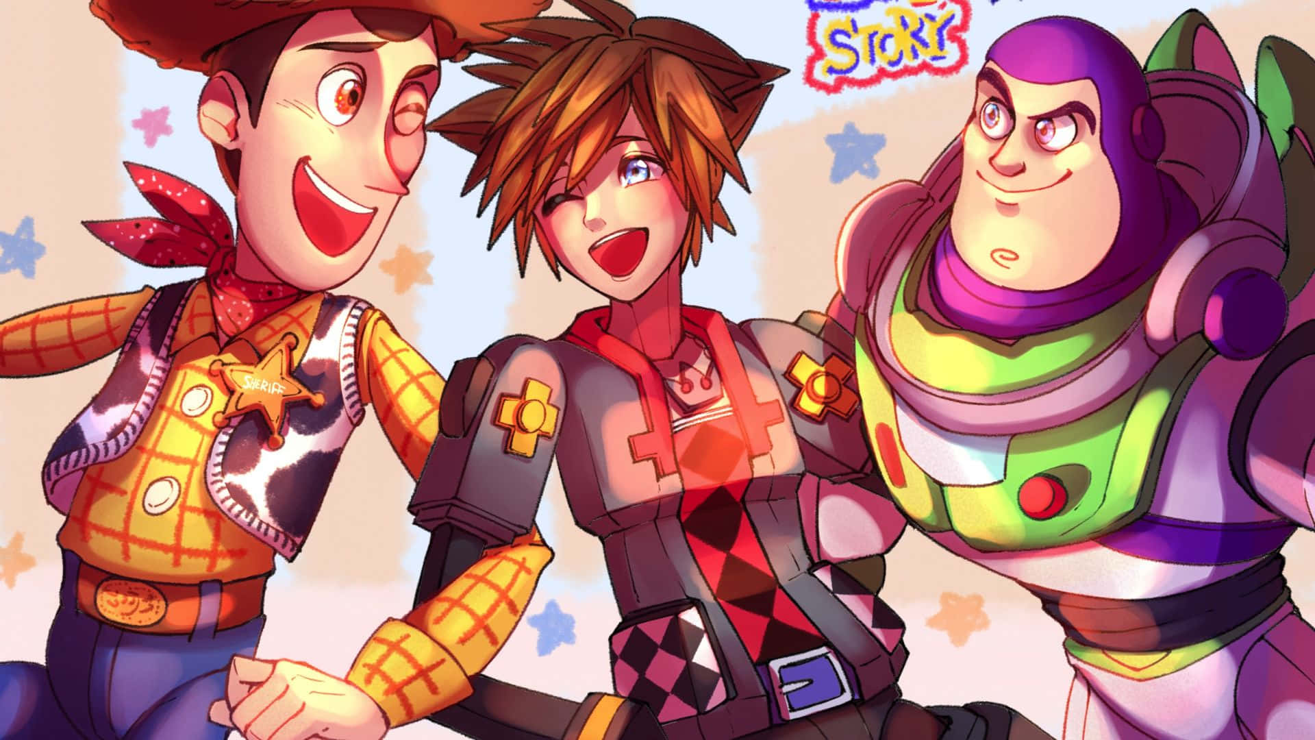 王國之心 桌布 壁紙 — 三個動畫角色 Woody Sora 和 Buzz Lightyear 在星空粉彩背景前一起微笑。