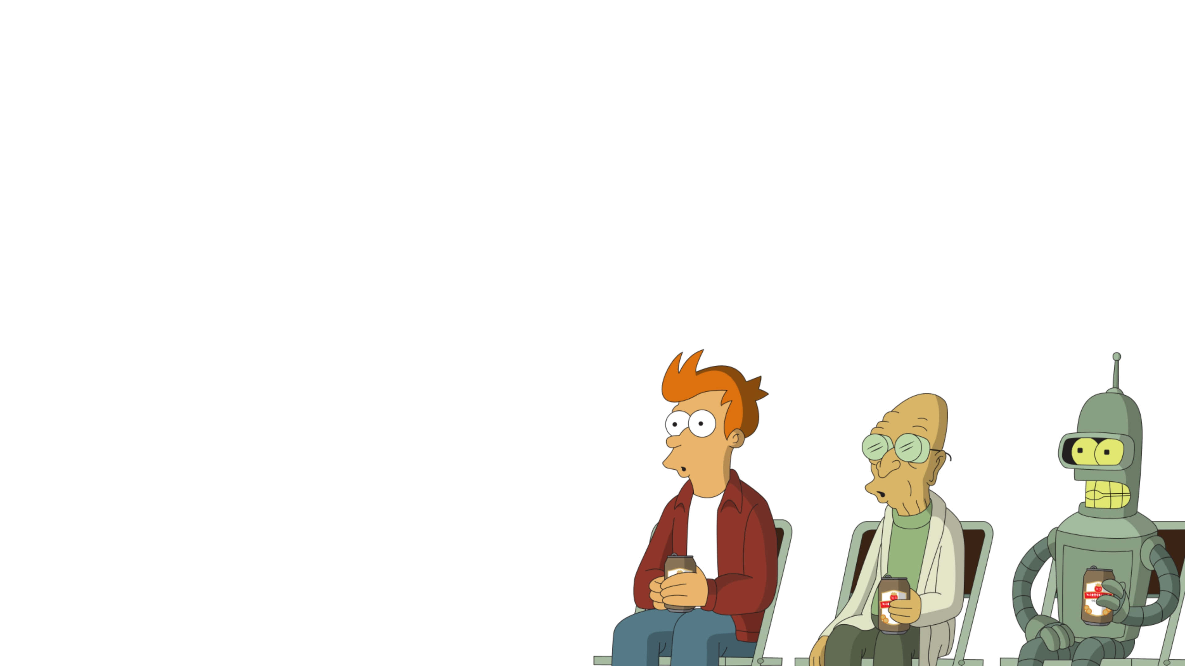 Futurama 桌布 壁紙 — 三個動畫角色並排坐在椅子上，背景為純白色，每人手持一杯飲料。