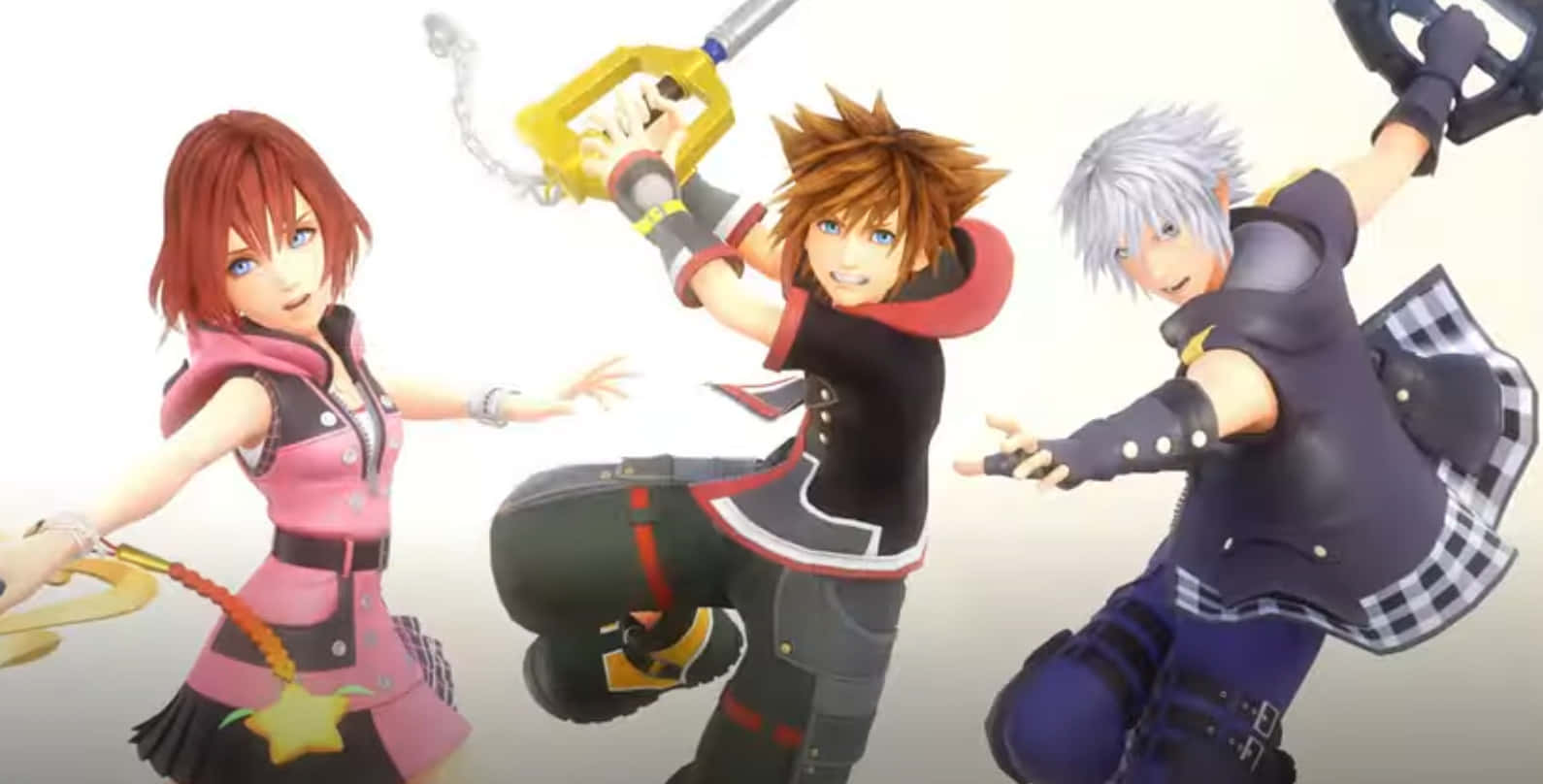 Kingdom Hearts Characters 桌布 壁紙 — 三個動畫角色以動態戰鬥姿勢揮舞魔法武器，背景為純白色。