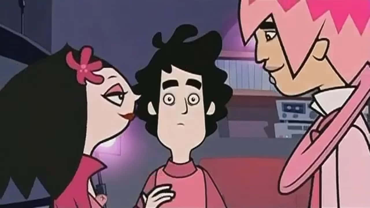 Animated 桌布 壁紙 — 三個動畫角色在一個燈光昏暗的房間裡，有粉紅色和紫色的燈光，一個女孩靠近一個受驚的男孩，而另一個粉紅色頭髮的角色在看著。