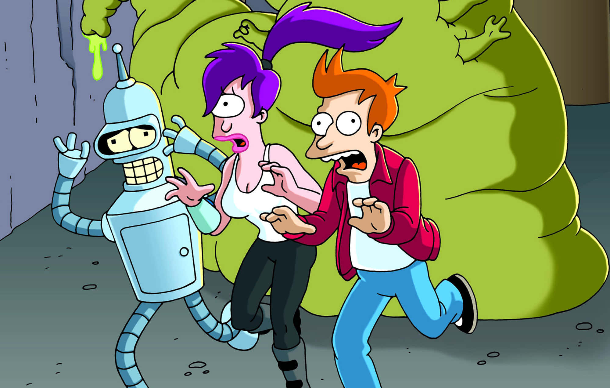 Futurama 桌布 壁紙 — 三個動畫角色在卡通風格的城市小巷中驚慌地逃離一個巨大的綠色團塊。