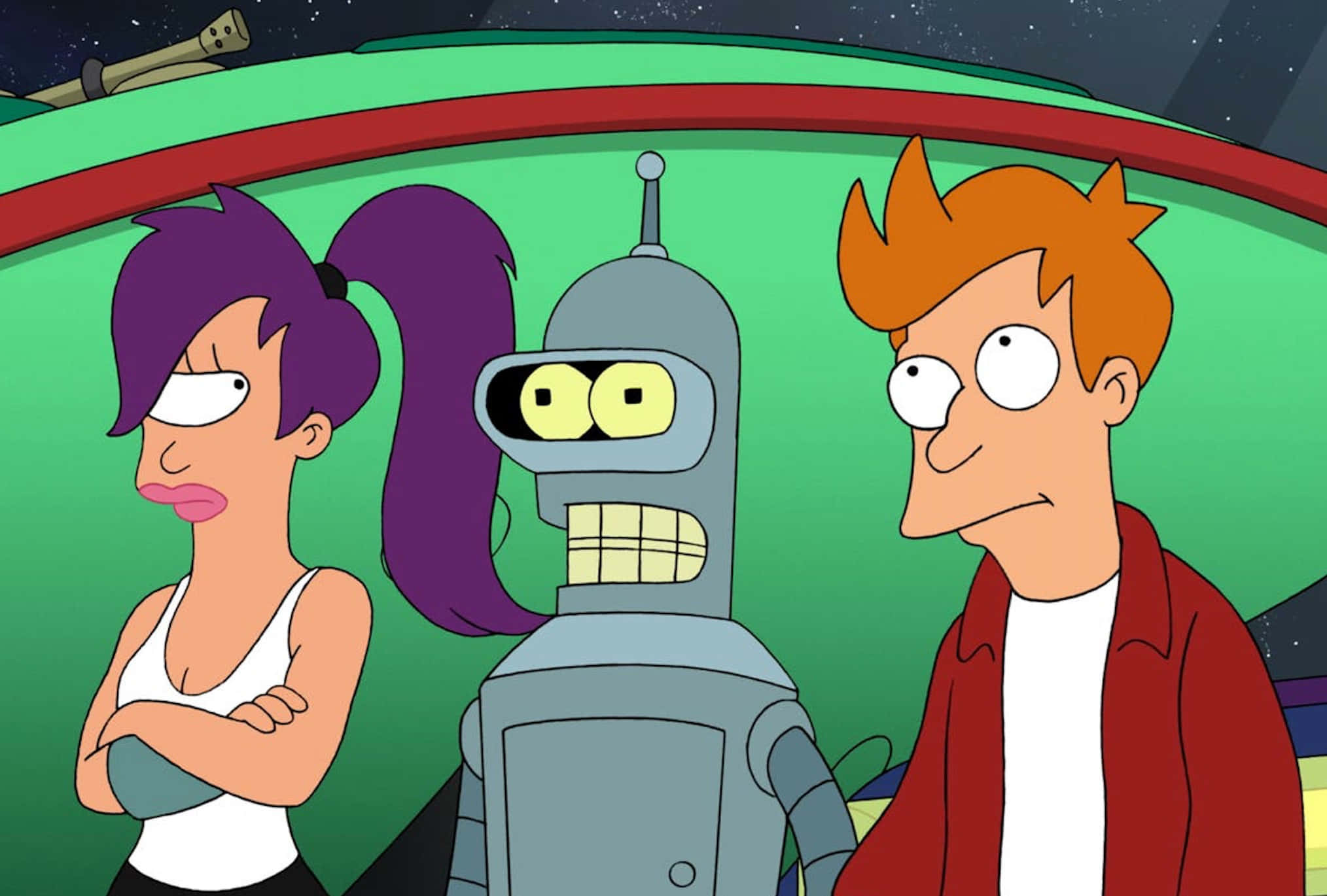 Futurama 桌布 壁紙 — 三個動畫角色在太空船駕駛艙內，窗外可見星星。