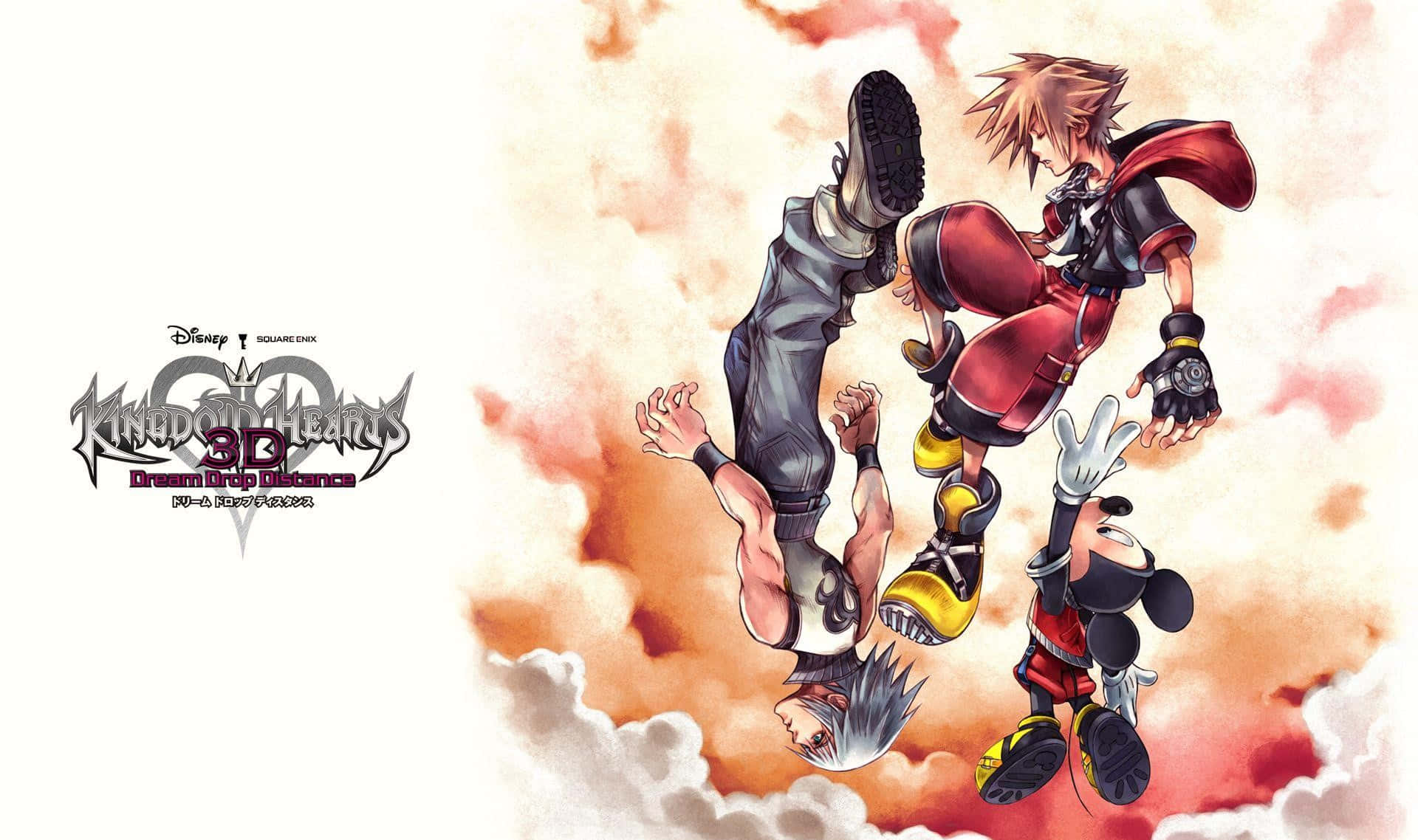 Kingdom Hearts Riku 桌布 壁紙 — 三個動畫角色在左側有遊戲標誌的火熱多雲天空中動態跳躍。
