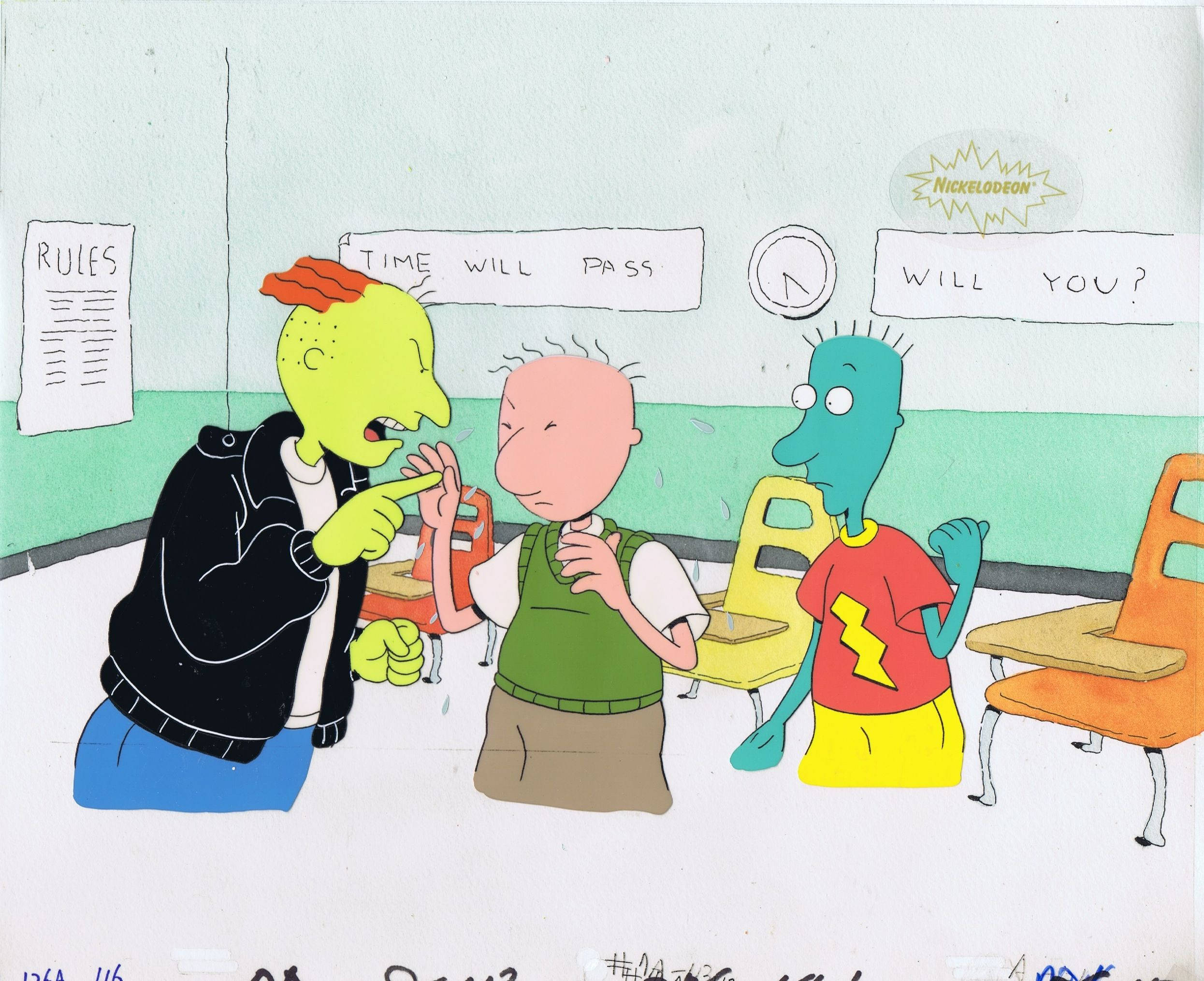 Doug 桌布 壁紙 — 三個動畫角色在教室裡，牆上有手寫標語和時鐘。
