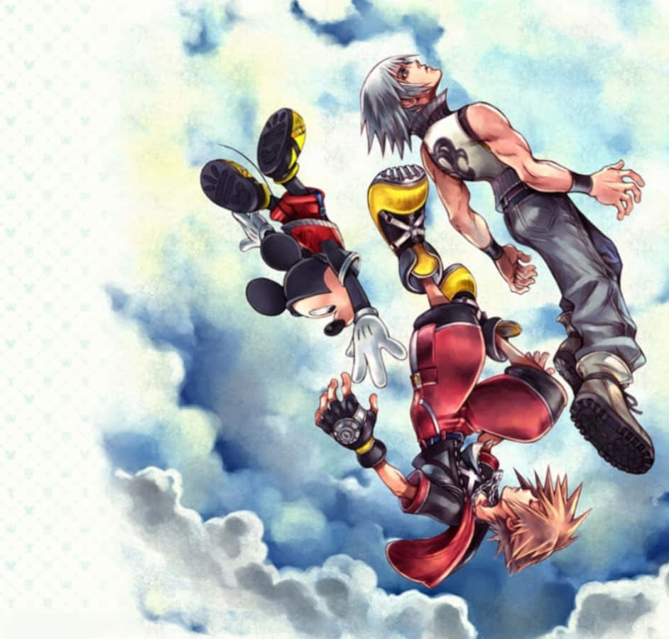 Kingdom Hearts 桌布 壁紙 — 三個動畫角色在明亮的藍色背景下以動態姿勢翱翔於多雲的天空。