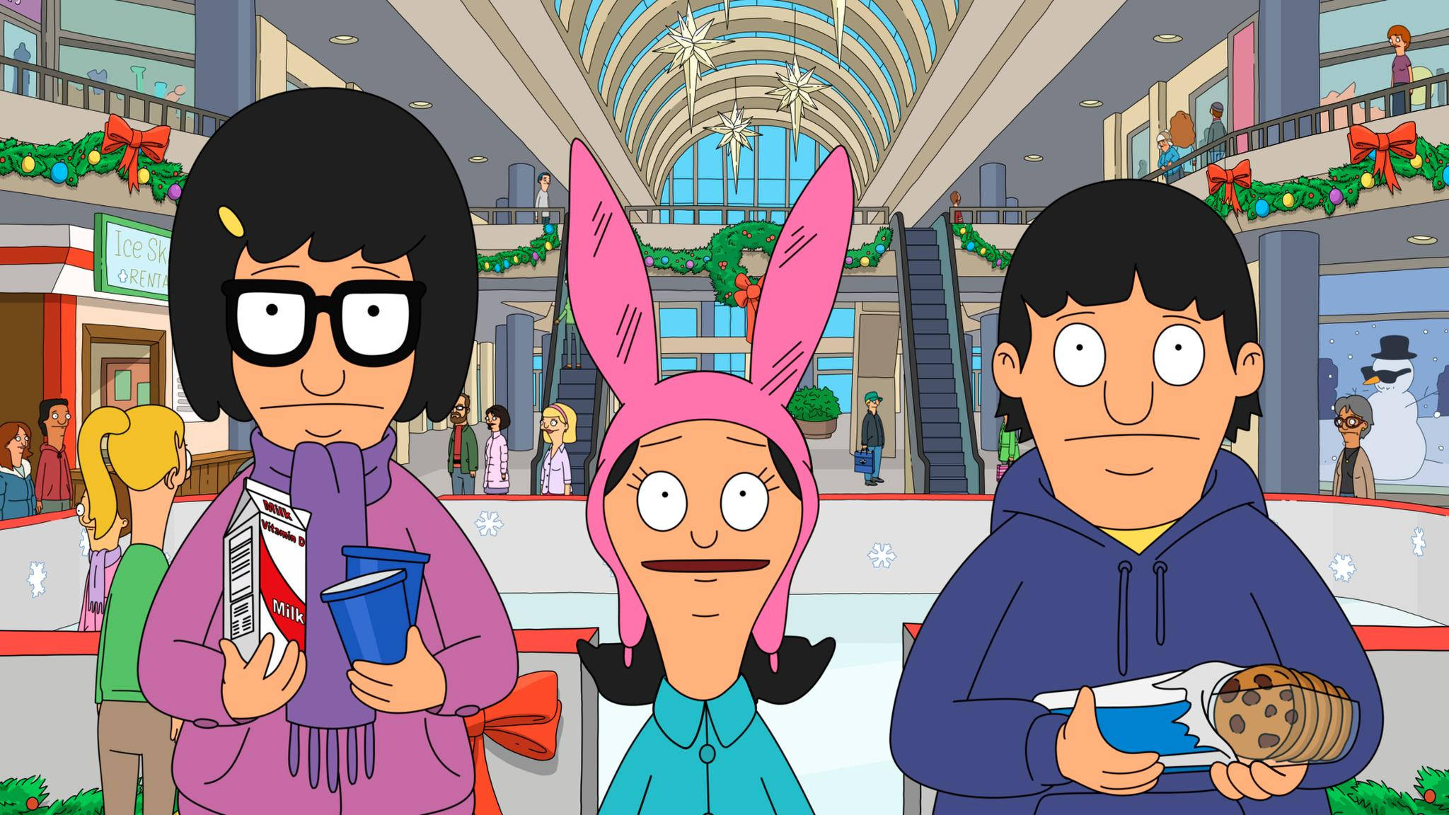 tina bobs burgers 桌布 壁紙 — 三個動畫角色在節日購物中心內，於裝飾拱門下手持節日美食。
