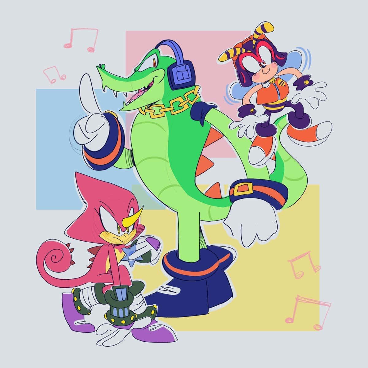 Vector The Crocodile 桌布 壁紙 — 三個動畫角色在粉彩方塊背景前隨著飄浮的音符充滿活力地跳舞。