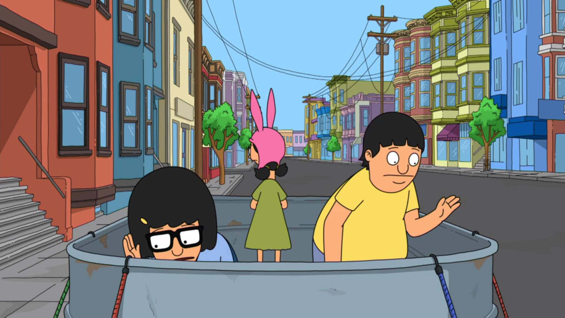bob's burgers 桌布 壁紙 — 三個動畫角色在色彩繽紛的城市街景中，從一個大浴缸的邊緣探出頭來。